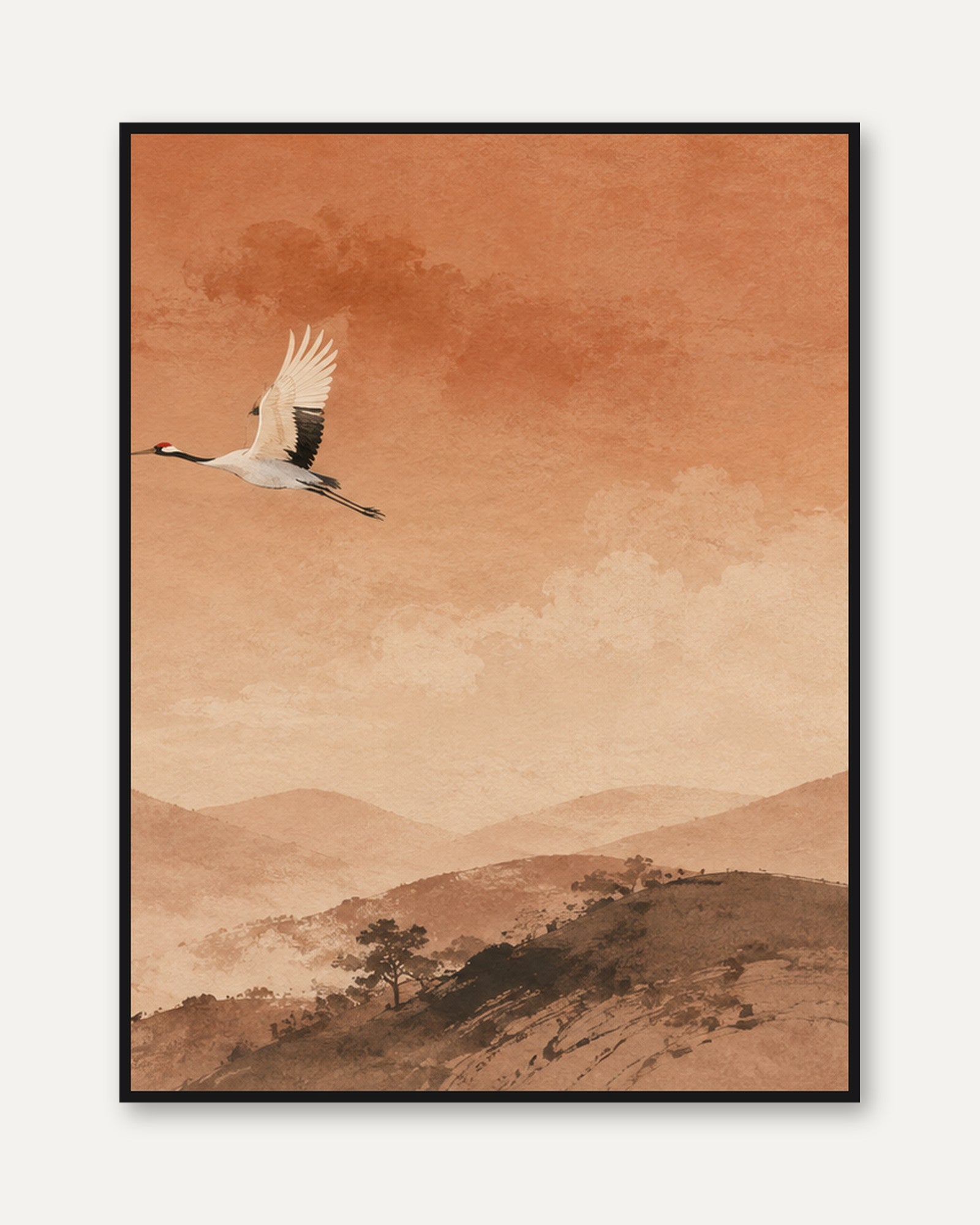Flying Crane Over Mountains: Minimalist Japanese Landscape Art Print - framed