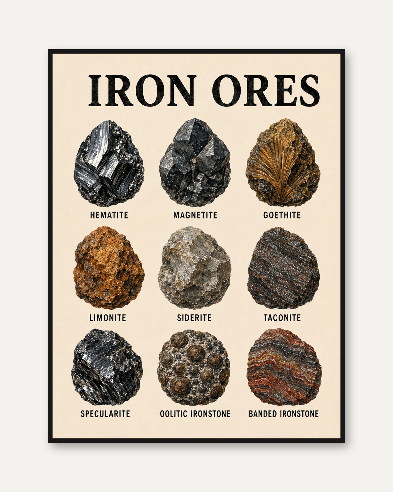 Iron Ores Chart Print: Vintage Mineralogy Science Poster - framed