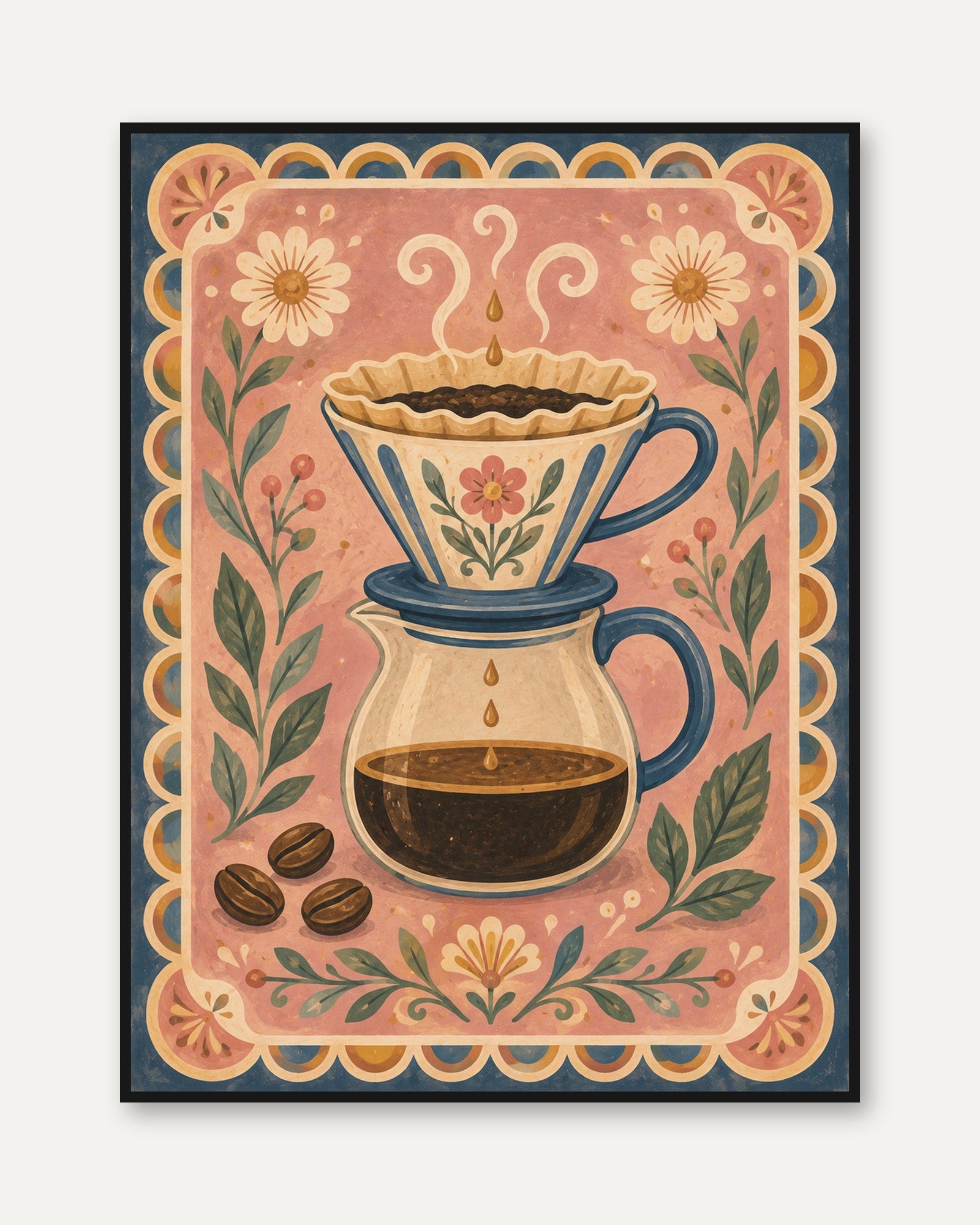 Folk Art Coffee Print – Botanical Kitchen Decor - framed