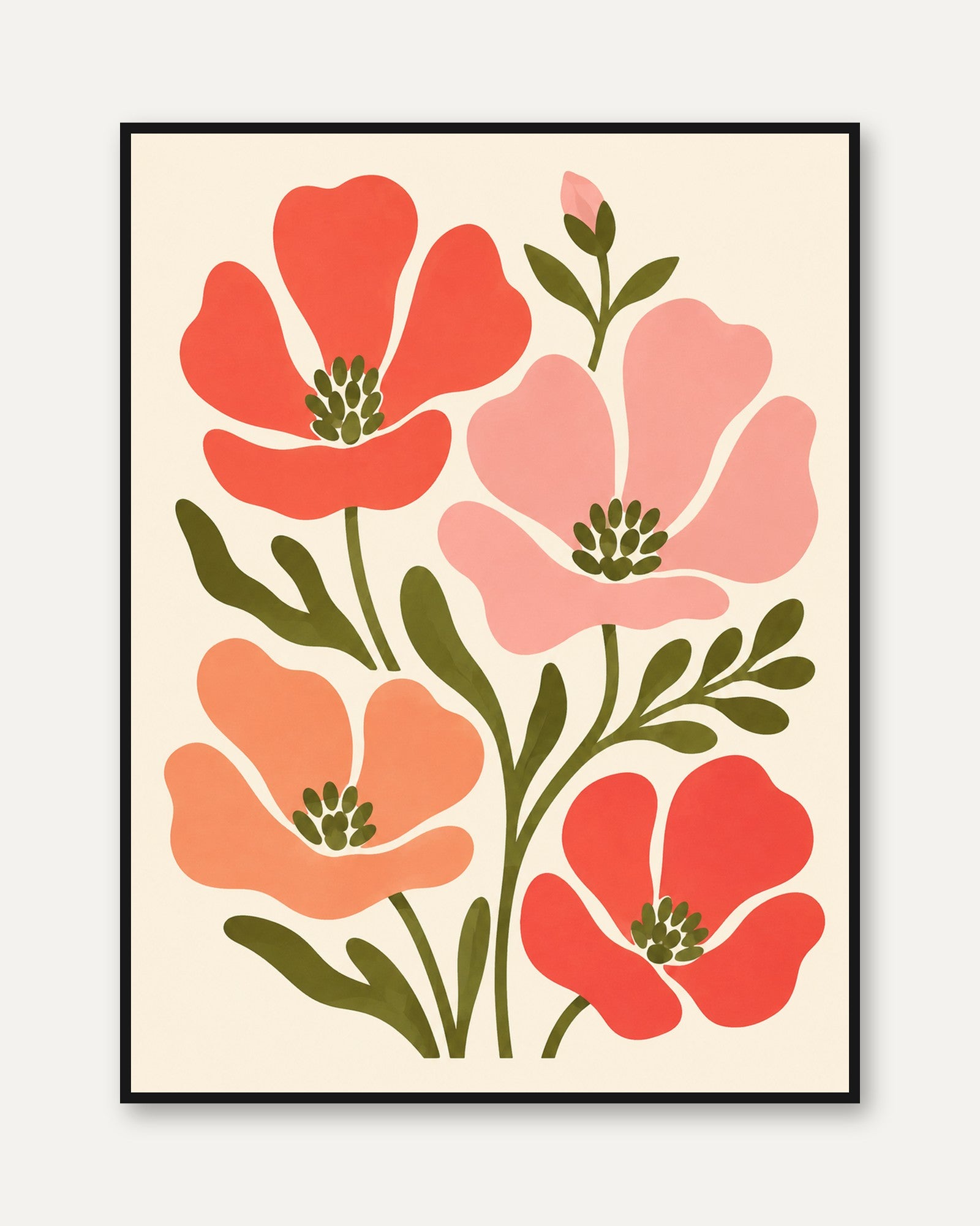 Poppy Flower Wall Art – Retro Floral Print - framed