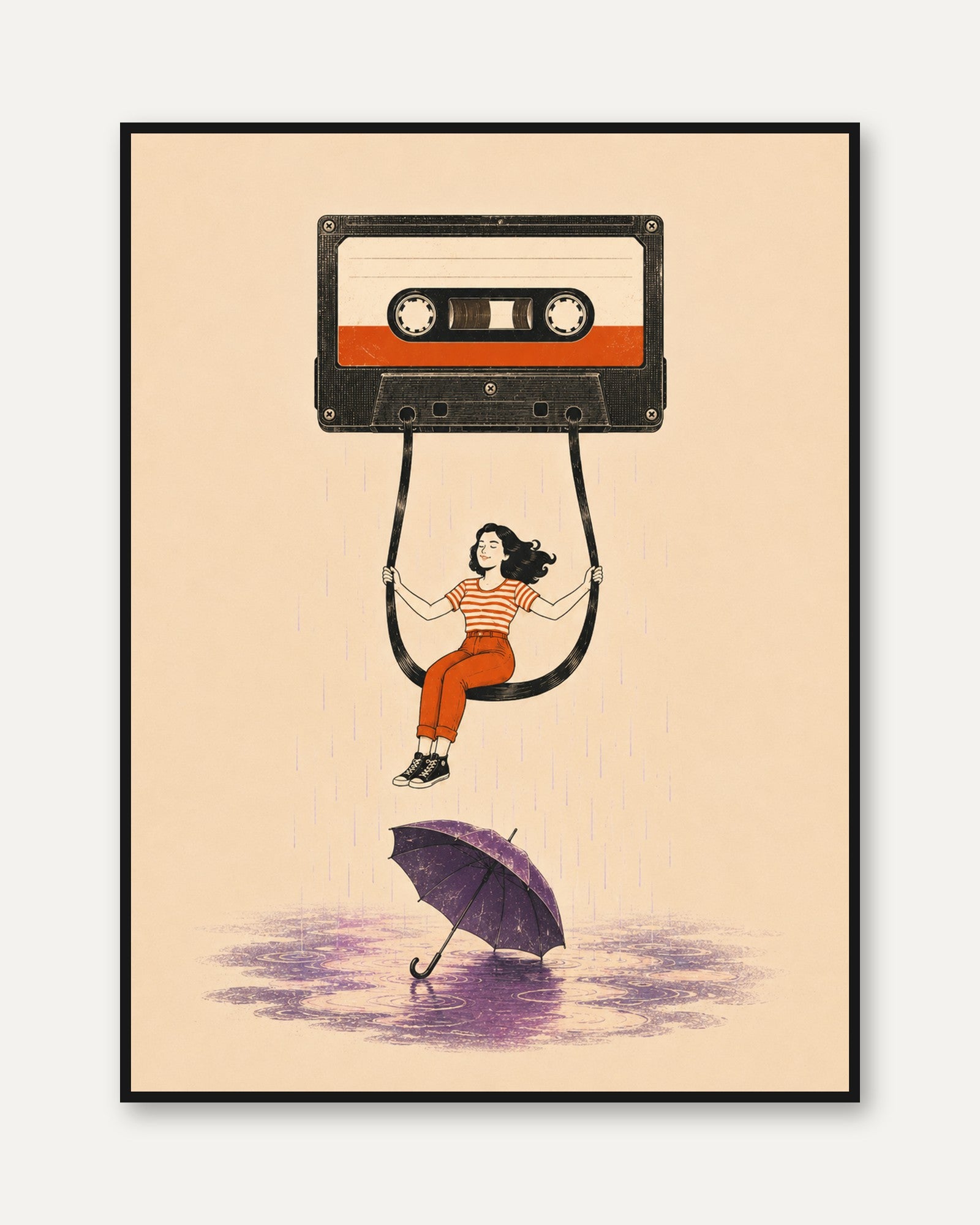 Vintage Music Print: Cassette Tape Swing Girl - framed