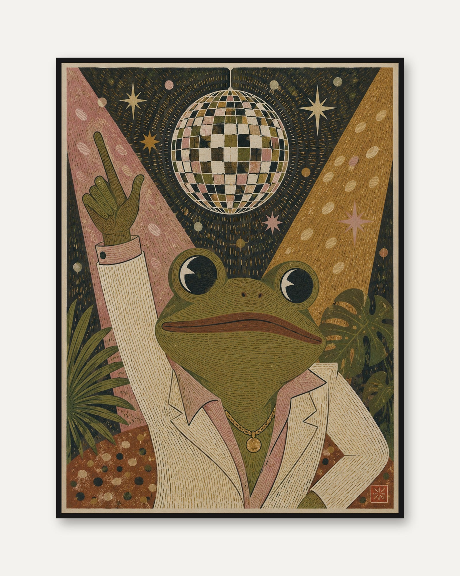 Disco Frog Wall Art – Retro 70s Animal Print - framed