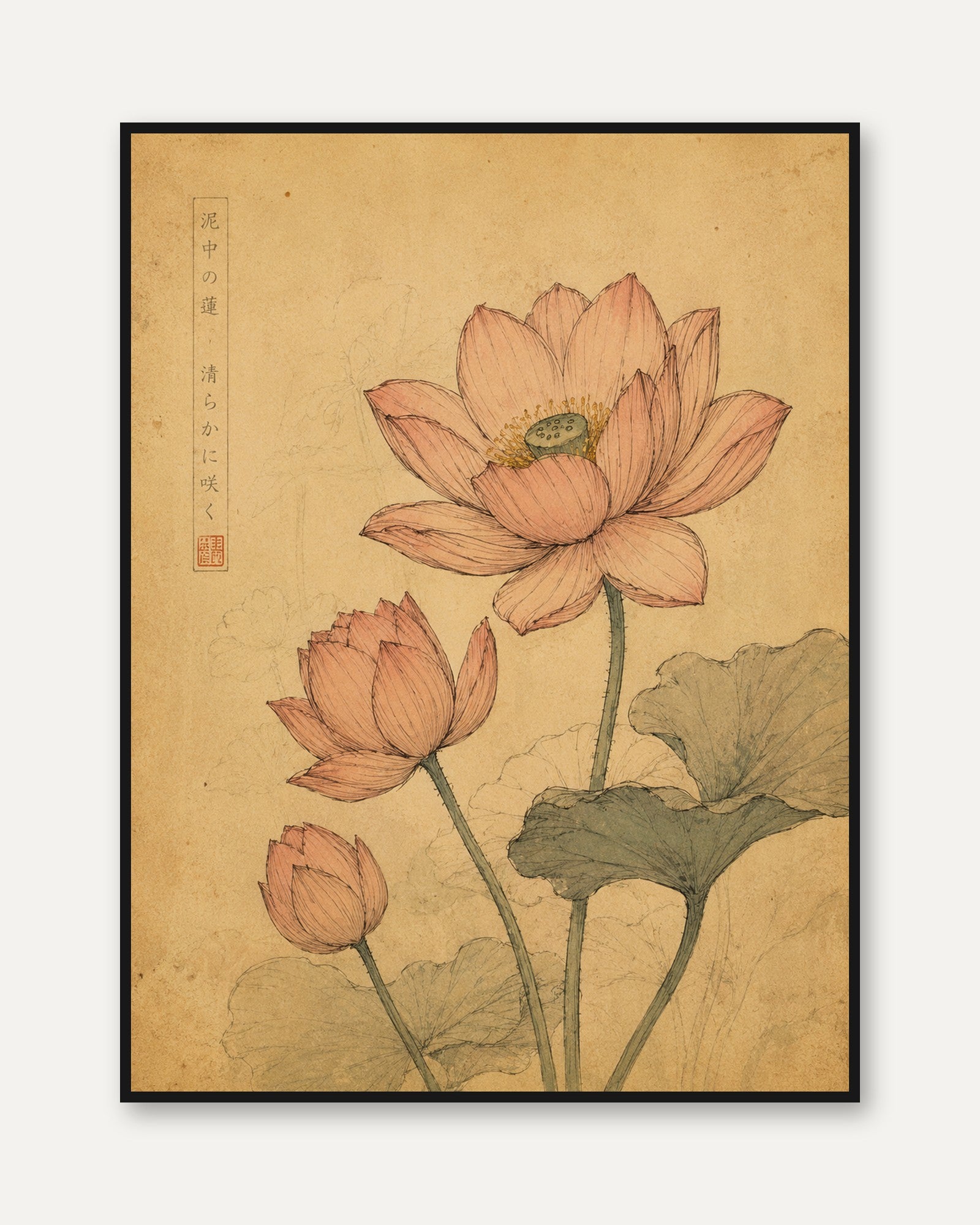 Lotus Flower Japanese Print — Vintage Botanical Illustration - framed