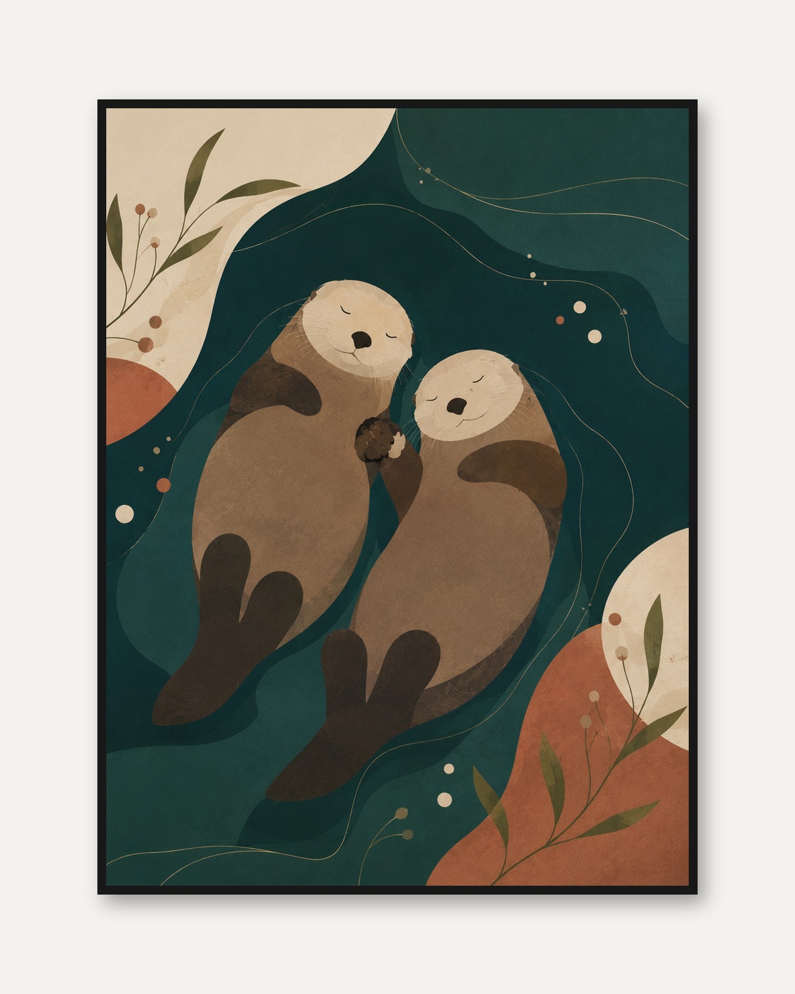 Sea Otters Holding Hands Art Print: Minimalist Teal and Beige - framed