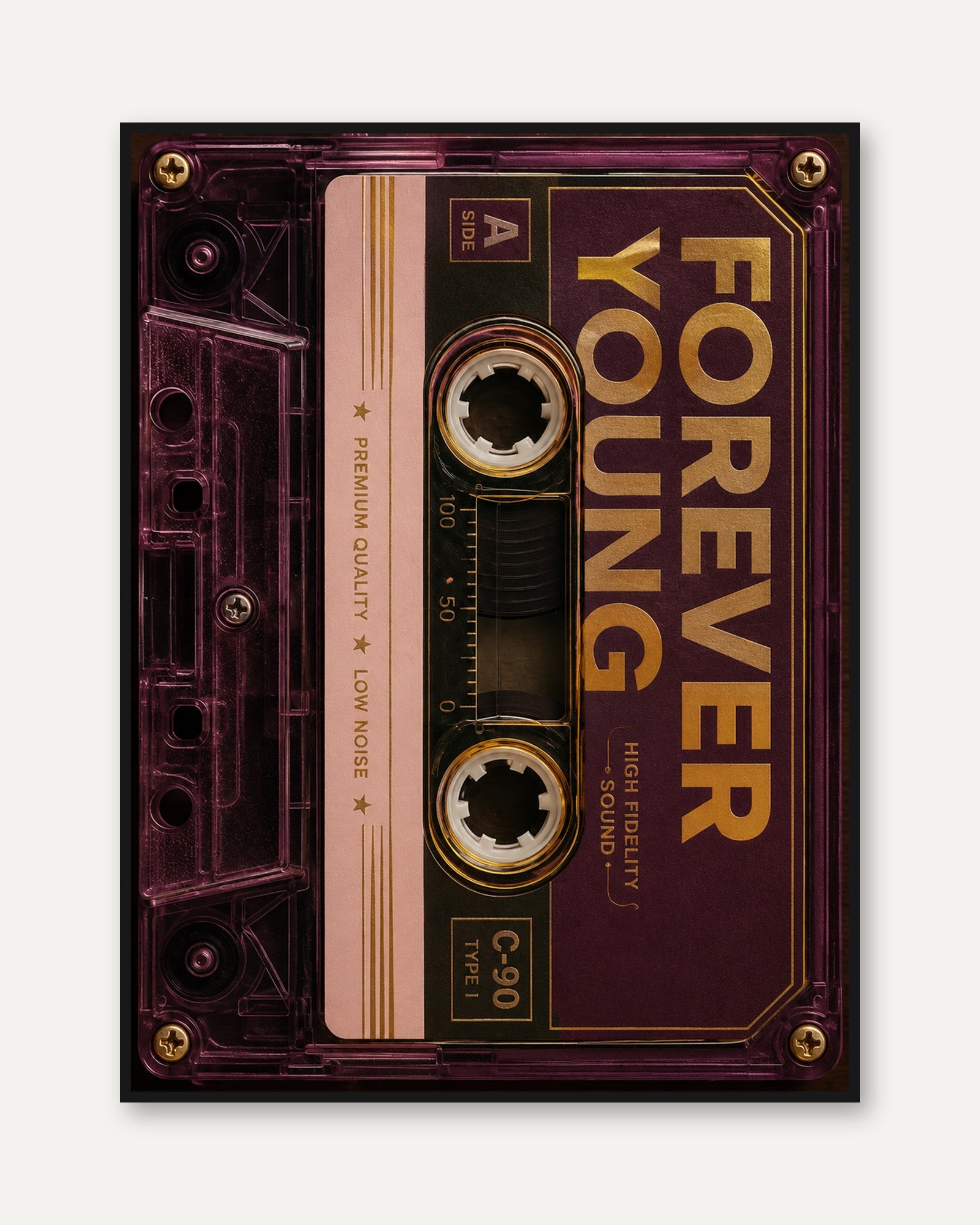 Vintage Cassette Tape Print: Retro 80s Music Art in Burgundy & Gold - framed