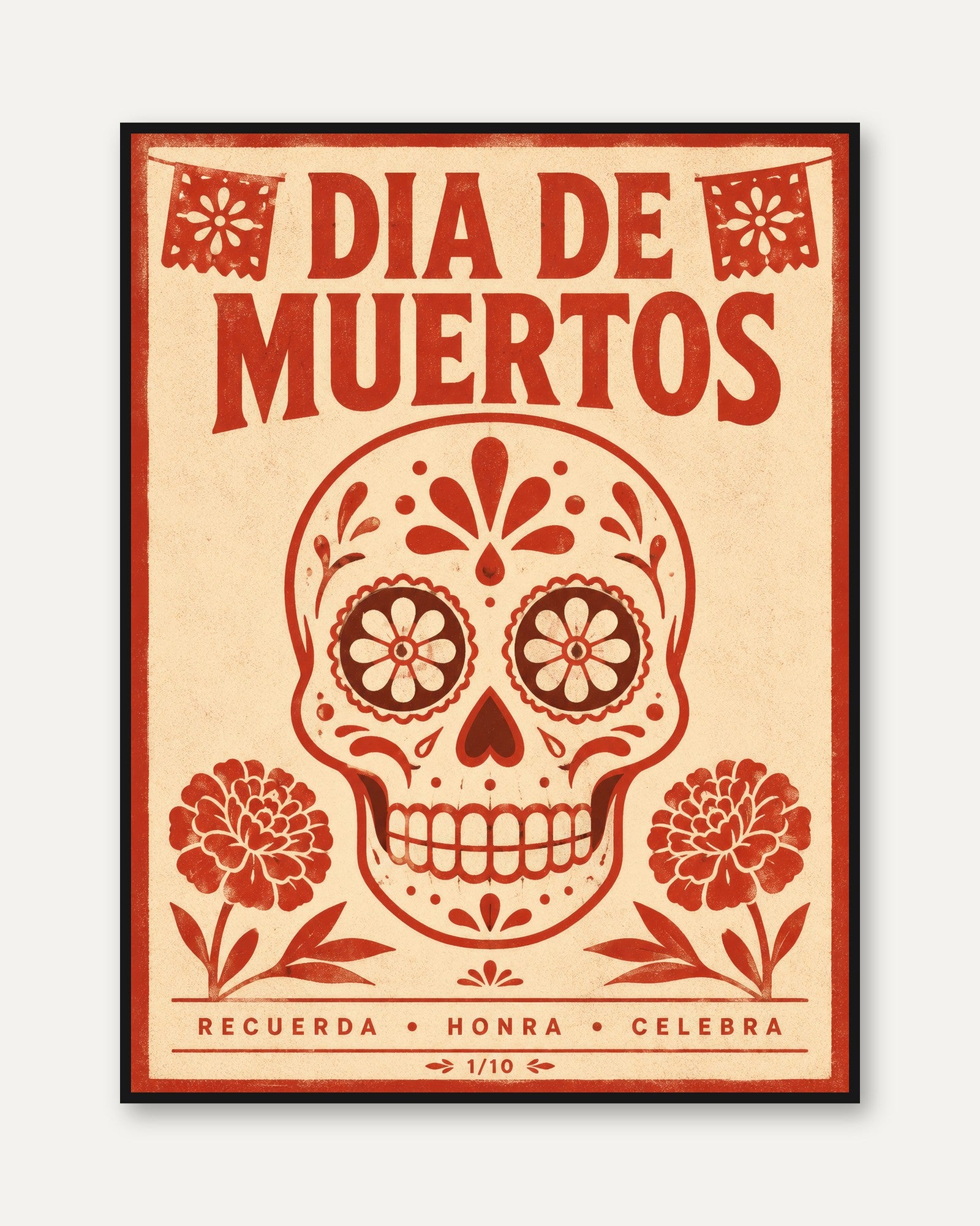 Dia de Muertos Print: Sugar Skull and Marigold Art (Unframed) - framed