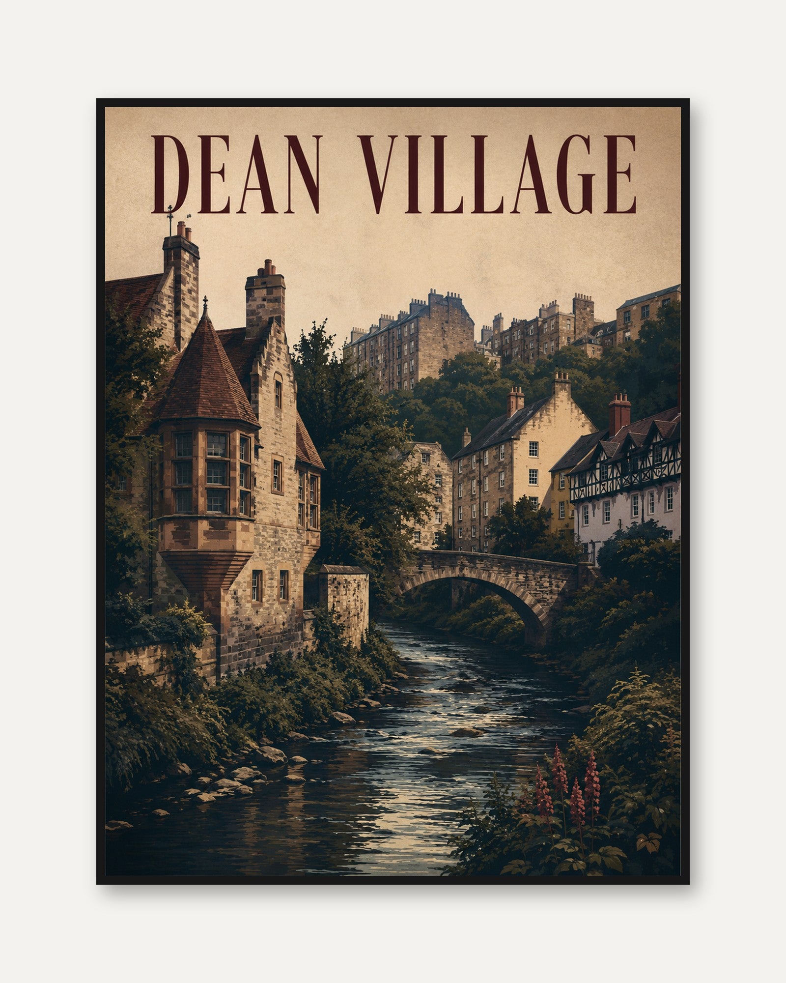 Dean Village Edinburgh Print: Historic Stone Bridge River Scene - framed