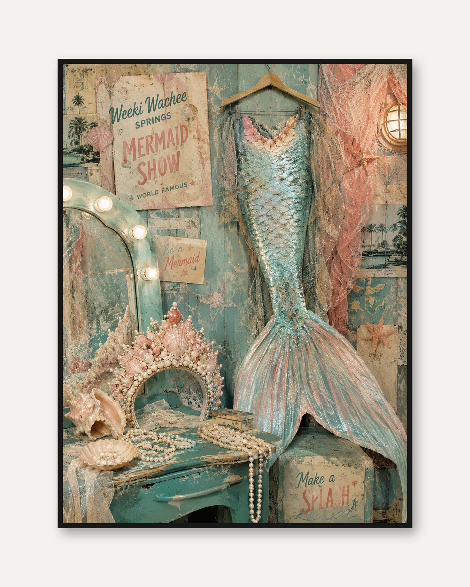 Vintage Mermaid Poster – Coastal Wall Art - framed