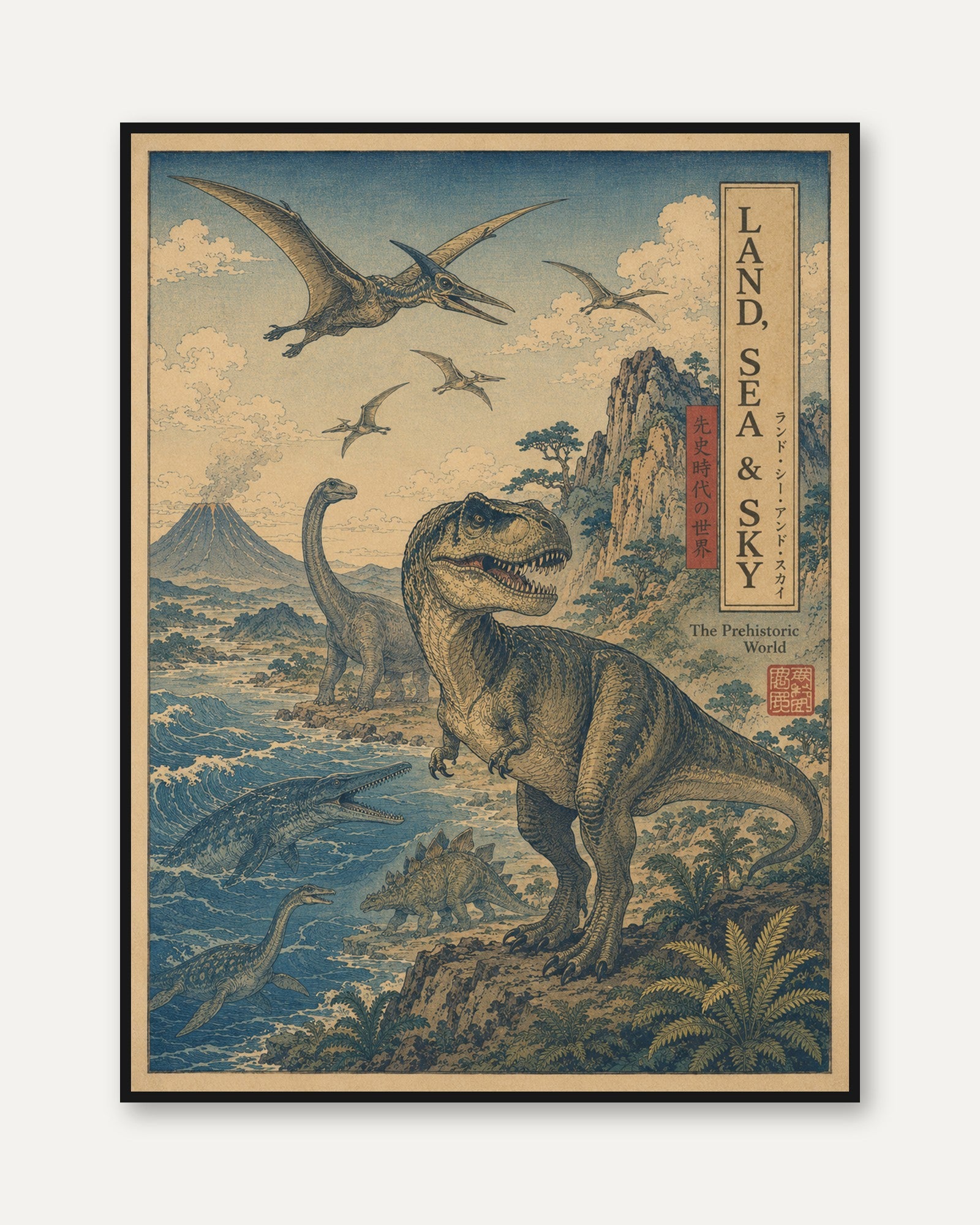 Dinosaur Landscape Art Print: Japanese Ukiyo-e Style Poster - framed