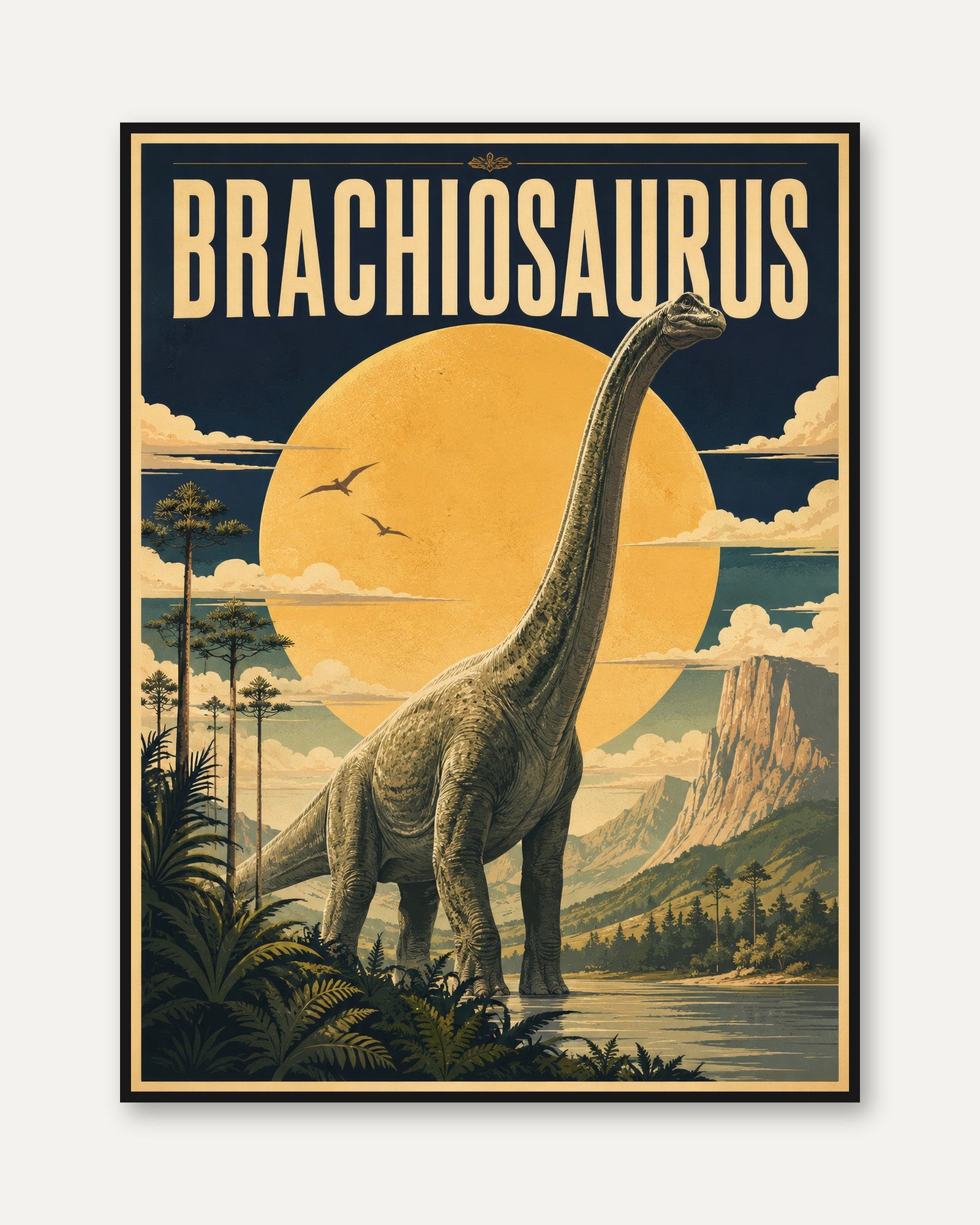 Dinosaur Wall Art: Brachiosaurus Retro Poster - framed
