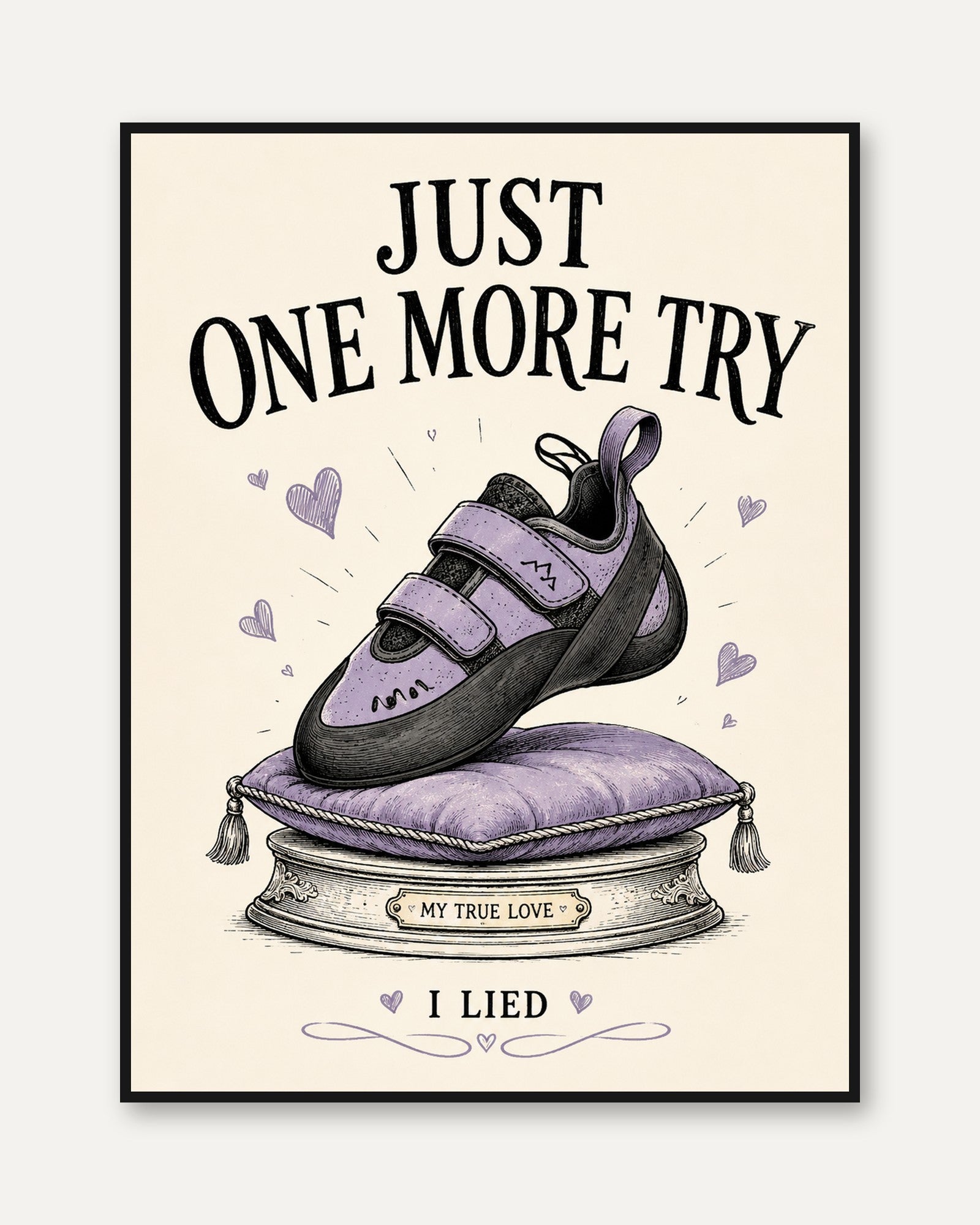 Just One More Try Climbing Shoe Print: Motivational Purple Art - framed