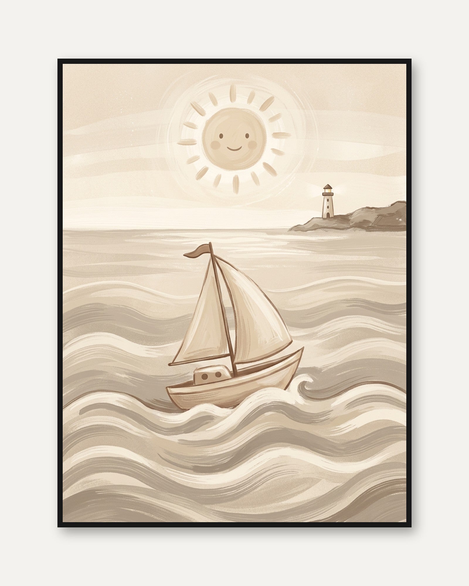 Sailboat and Lighthouse Art Print: Whimsical Coastal Nursery Design - framed
