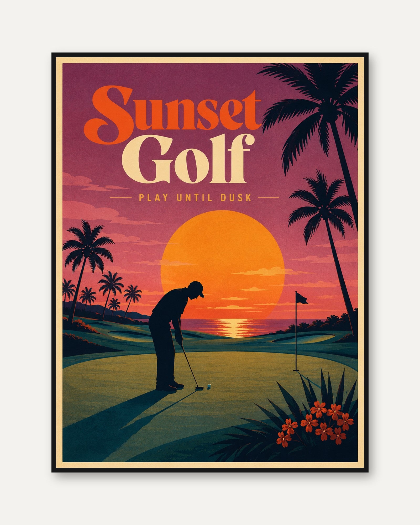 Vintage Golf Poster Print: Retro Sunset Palm Trees - framed