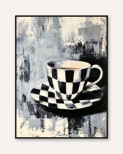 Abstract Checkered Teacup Print: Black White Kitchen Poster (Unframed) - framed
