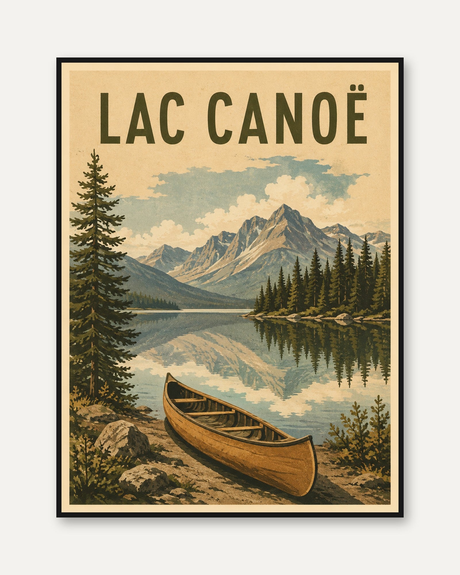 Lac Canoe Mountain Lake Poster: Vintage Travel Art Print - framed