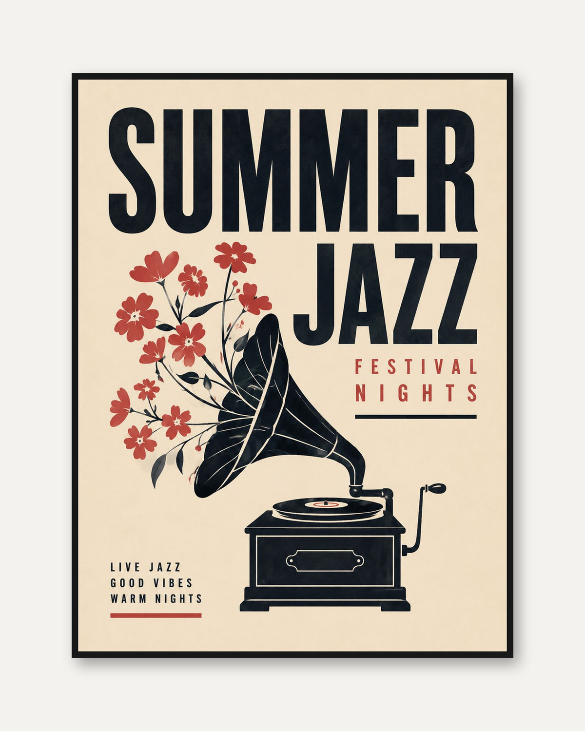 Vintage Jazz Poster Print — Retro Gramophone & Floral Design - framed