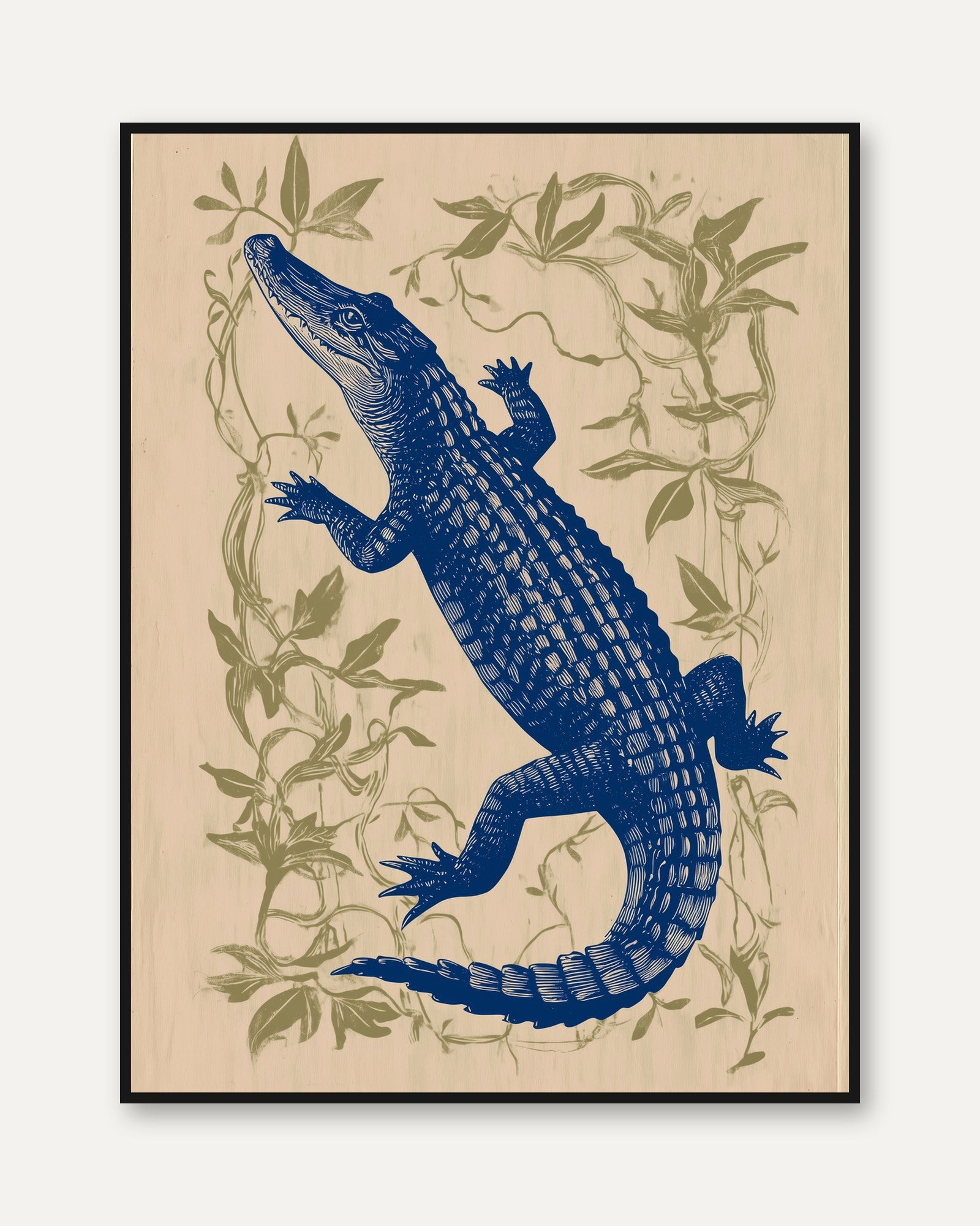 Blue Alligator Print: Vintage Botanical Natural History Art - framed