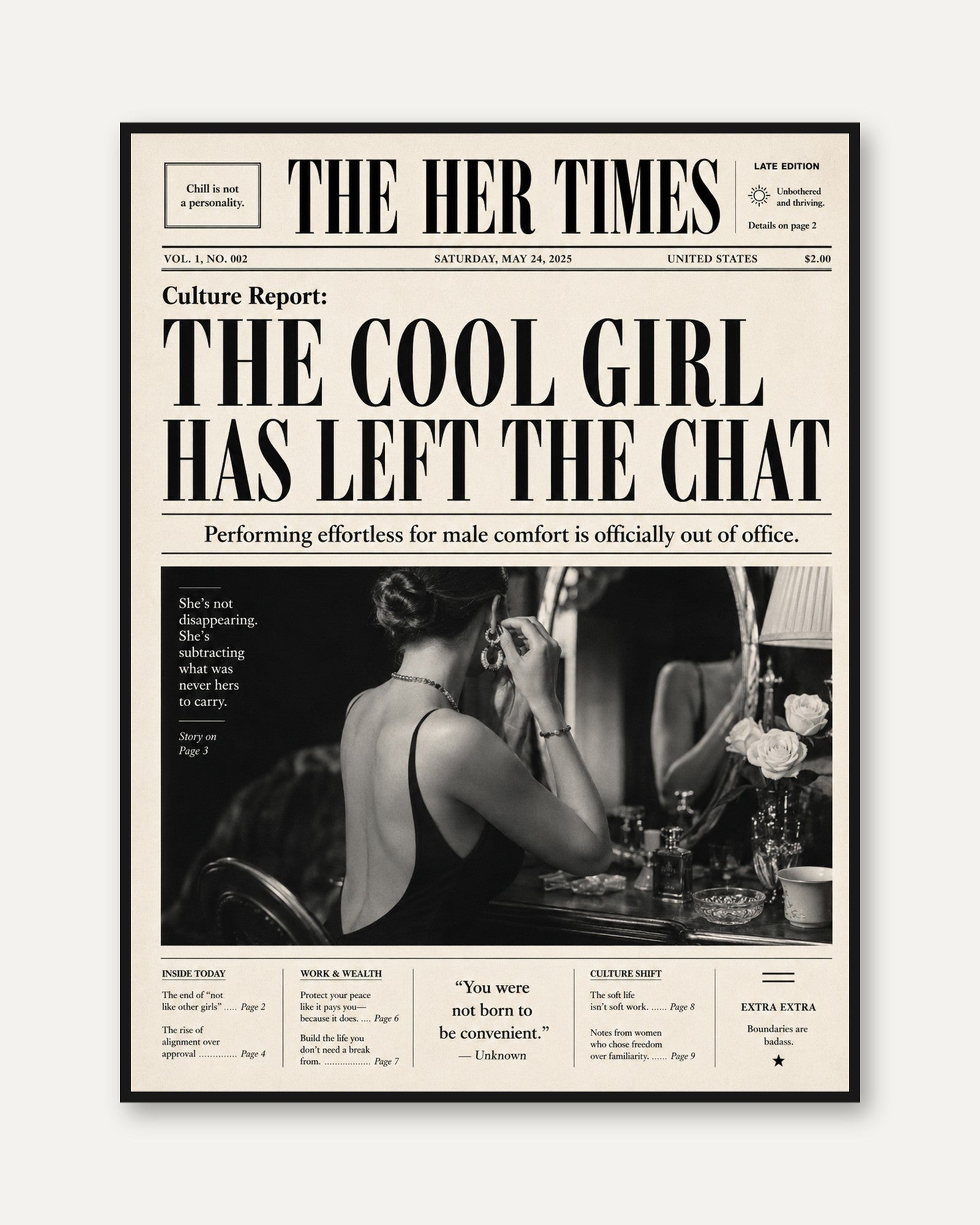 The Cool Girl Newspaper Print: Vintage Editorial Wall Art - framed