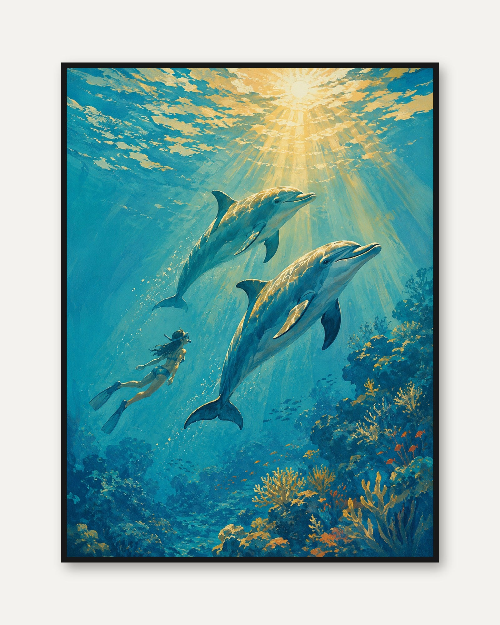 Dolphins and Diver Underwater Print: Turquoise Ocean Scene - framed