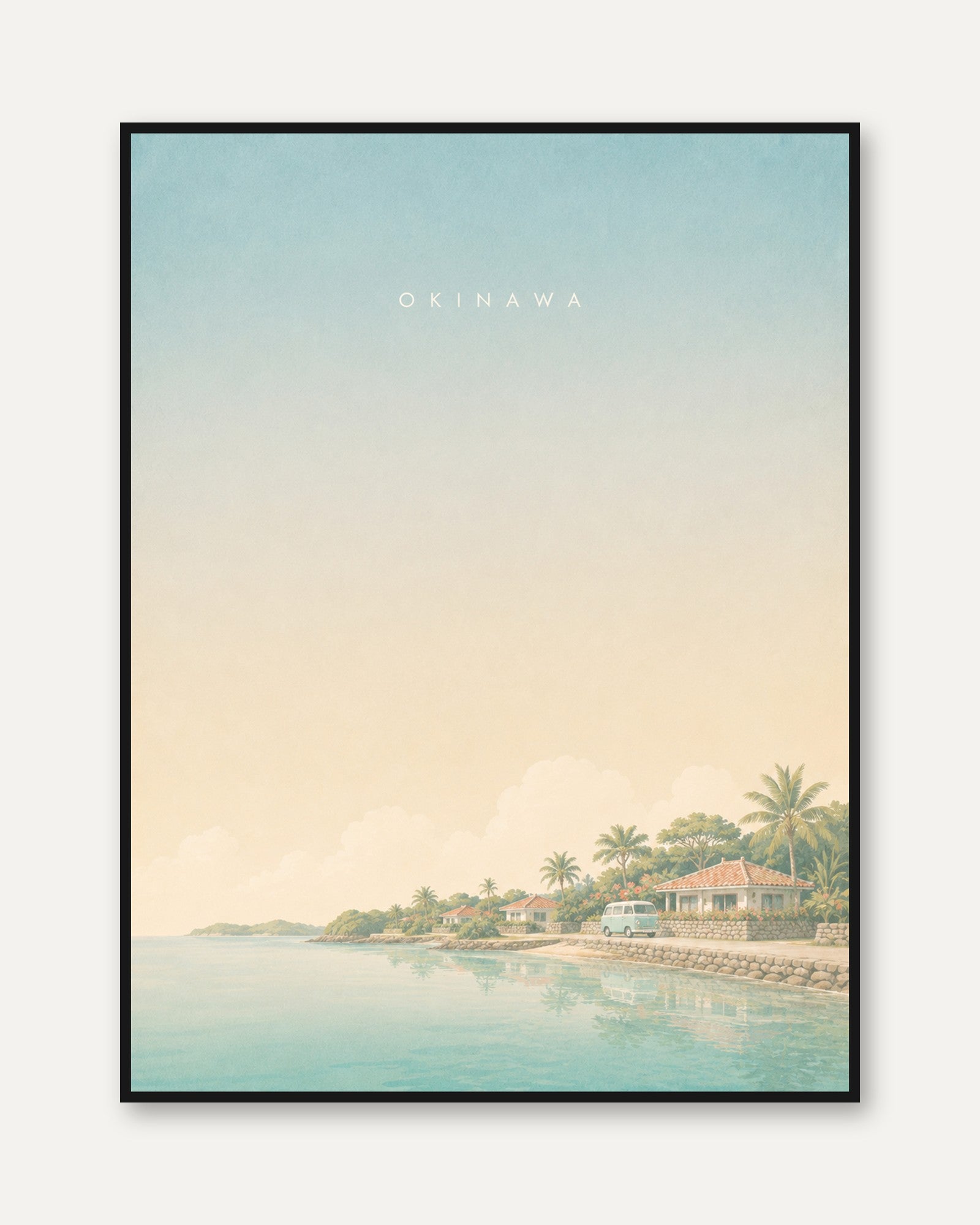 Okinawa Coastal Village Art Print: Pastel Tropical Landscape - framed