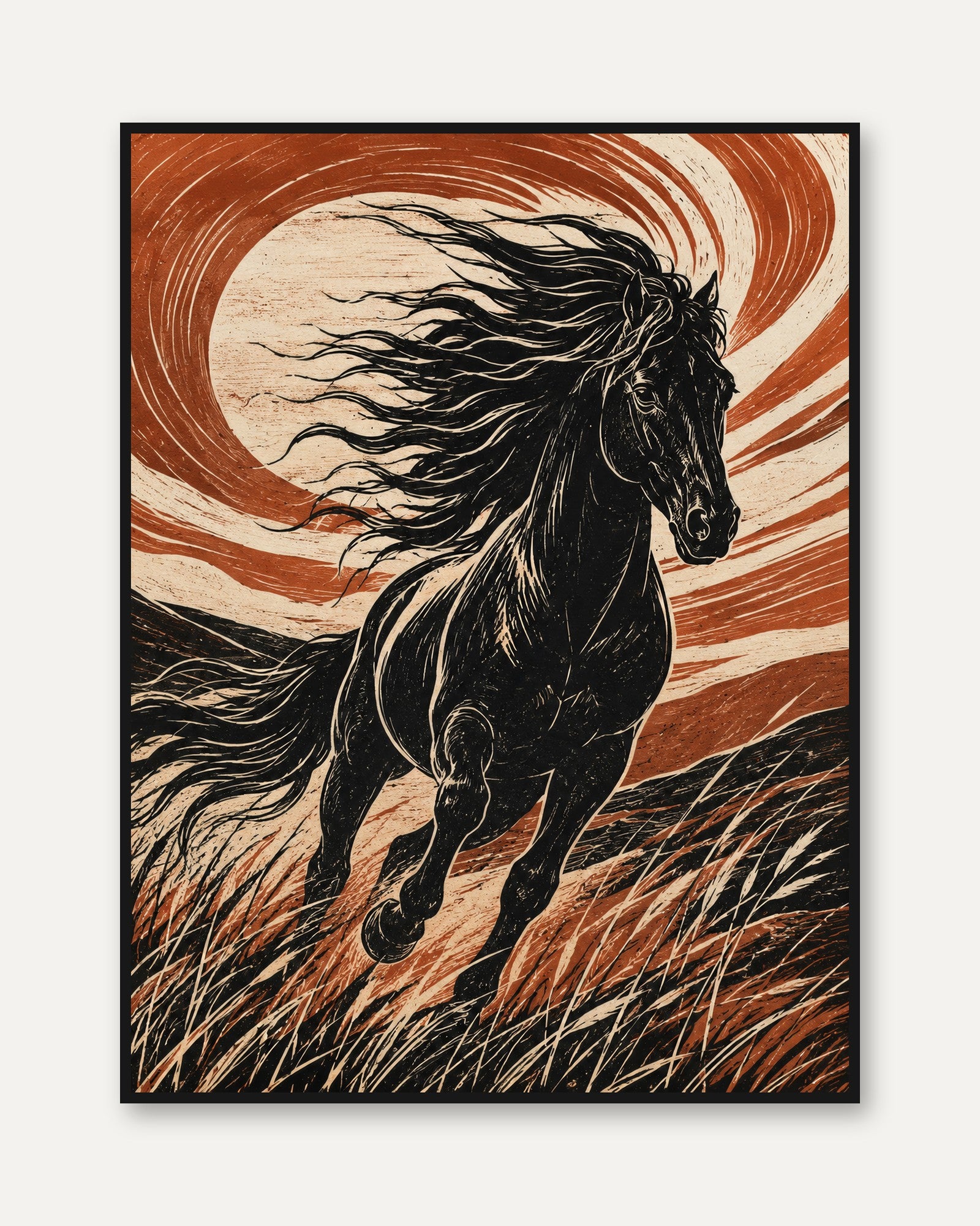 Black Horse Linocut Print – Bold Woodblock Style - framed