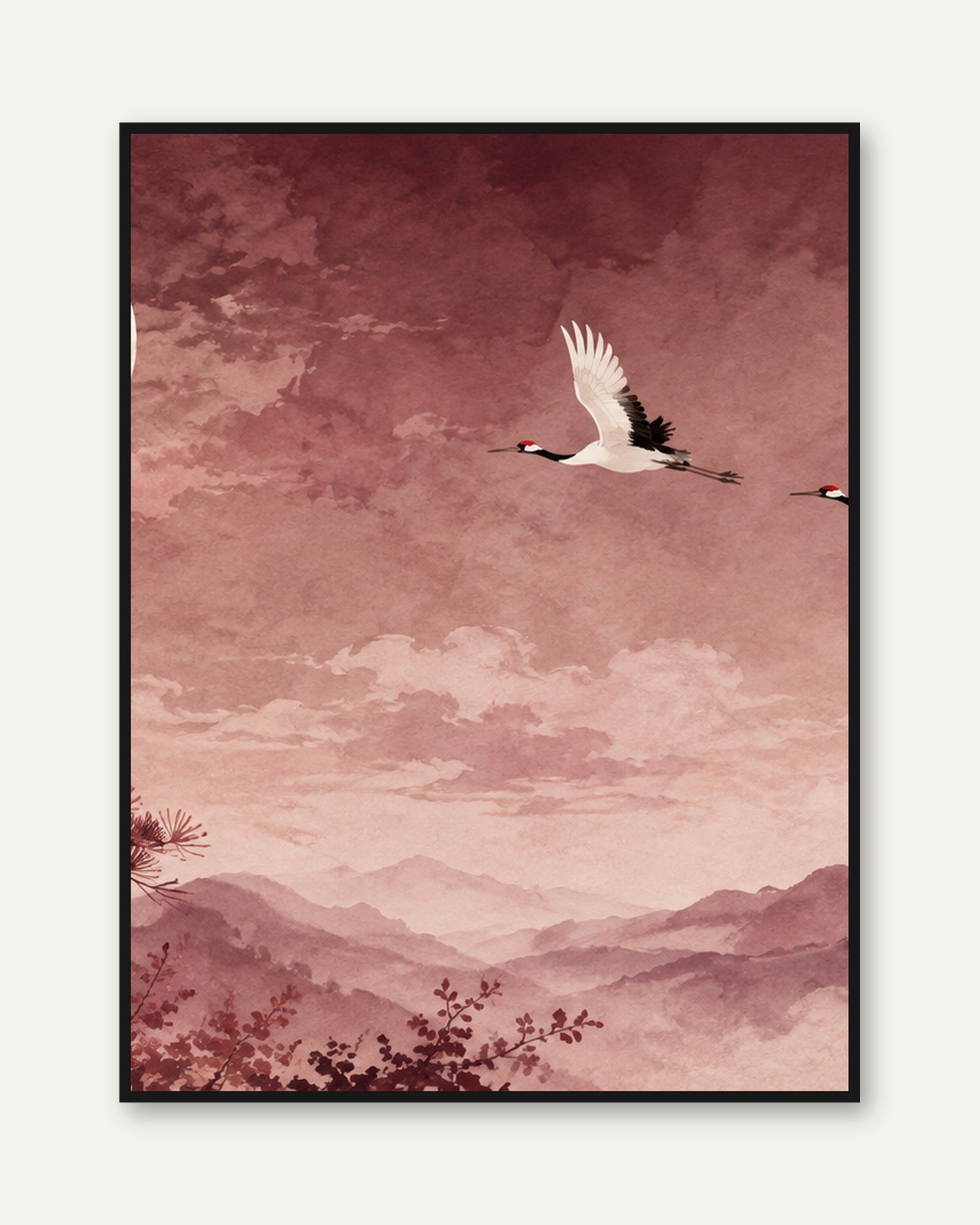Japanese Crane Flight Print: Pink Mountain Landscape Wall Art - framed