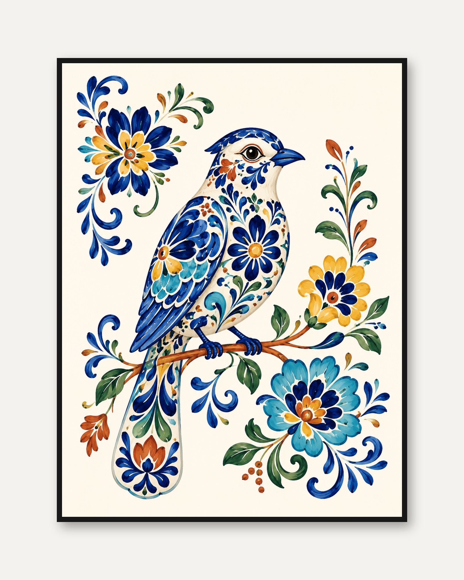 Folk Art Bird Print – Decorative Floral Wall Art - framed