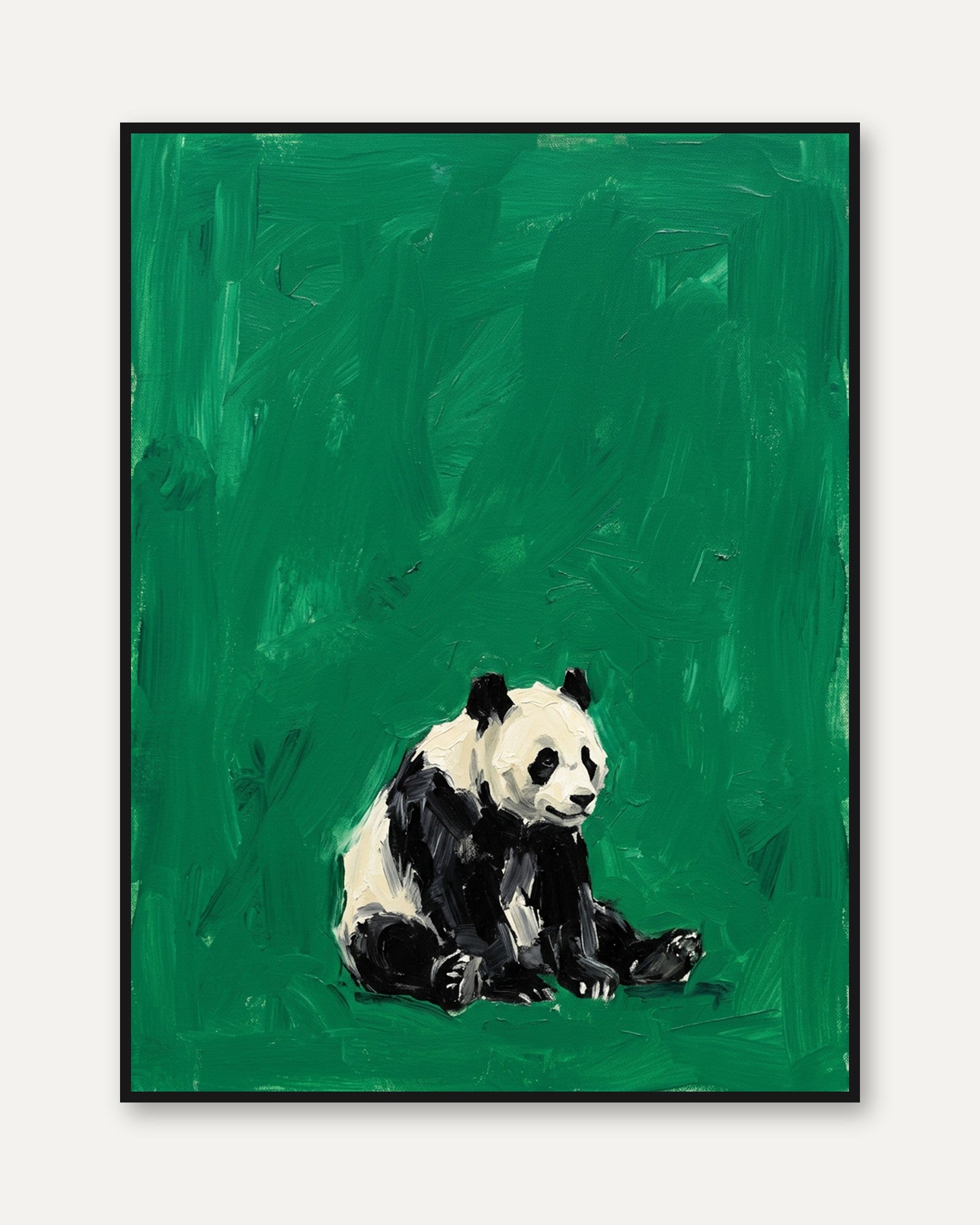 Panda on Green Wall Art: Textured Contemporary Wildlife Print - framed