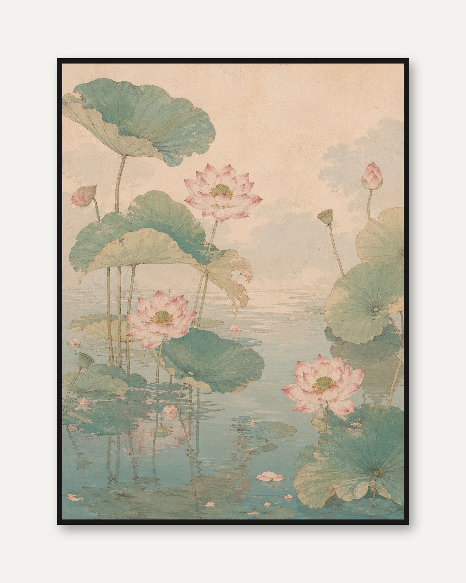 Lotus Flowers and Lily Pads Art Print: Asian Watercolor Style - framed