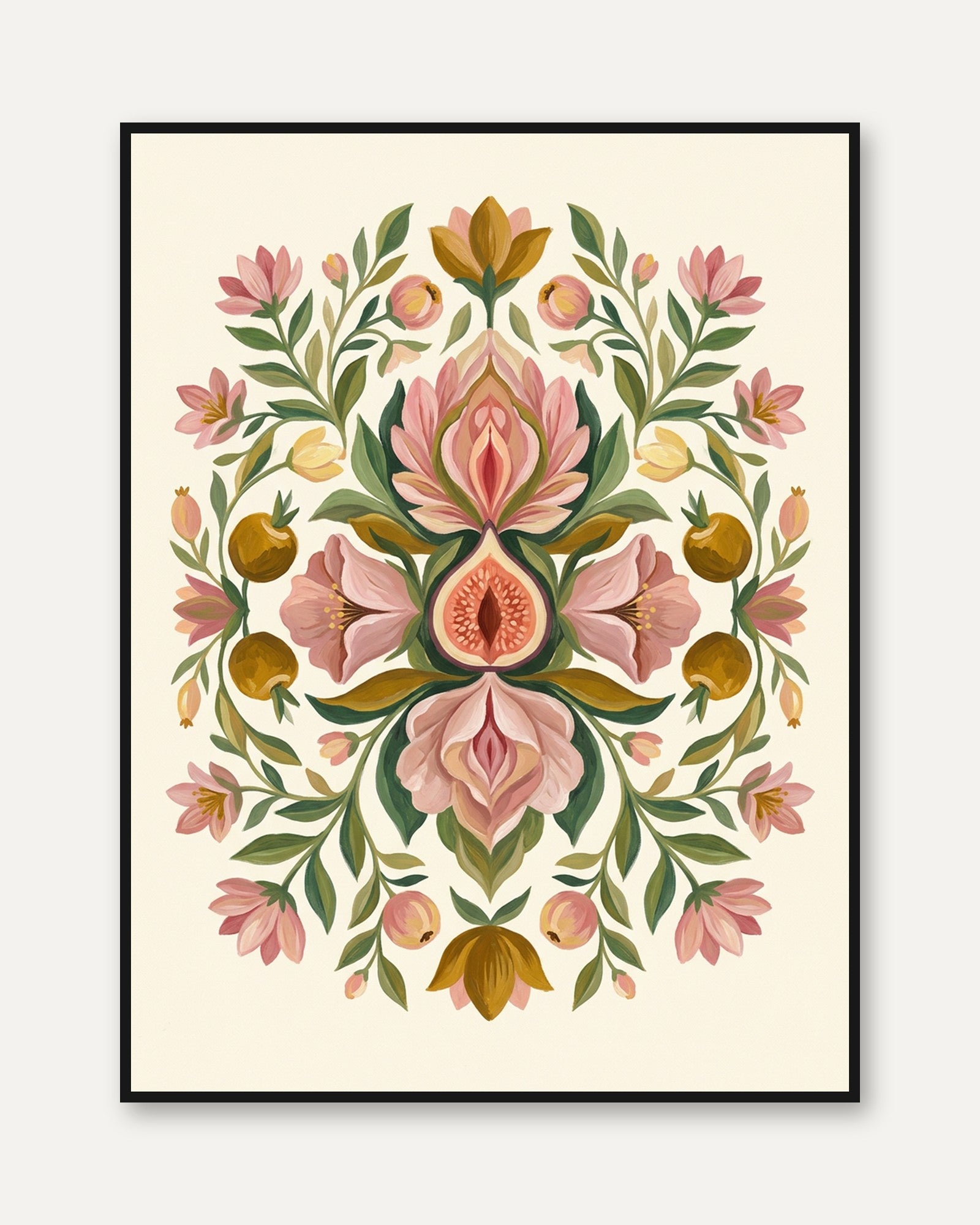 Folk Art Floral Print — Symmetrical Botanical Illustration - framed