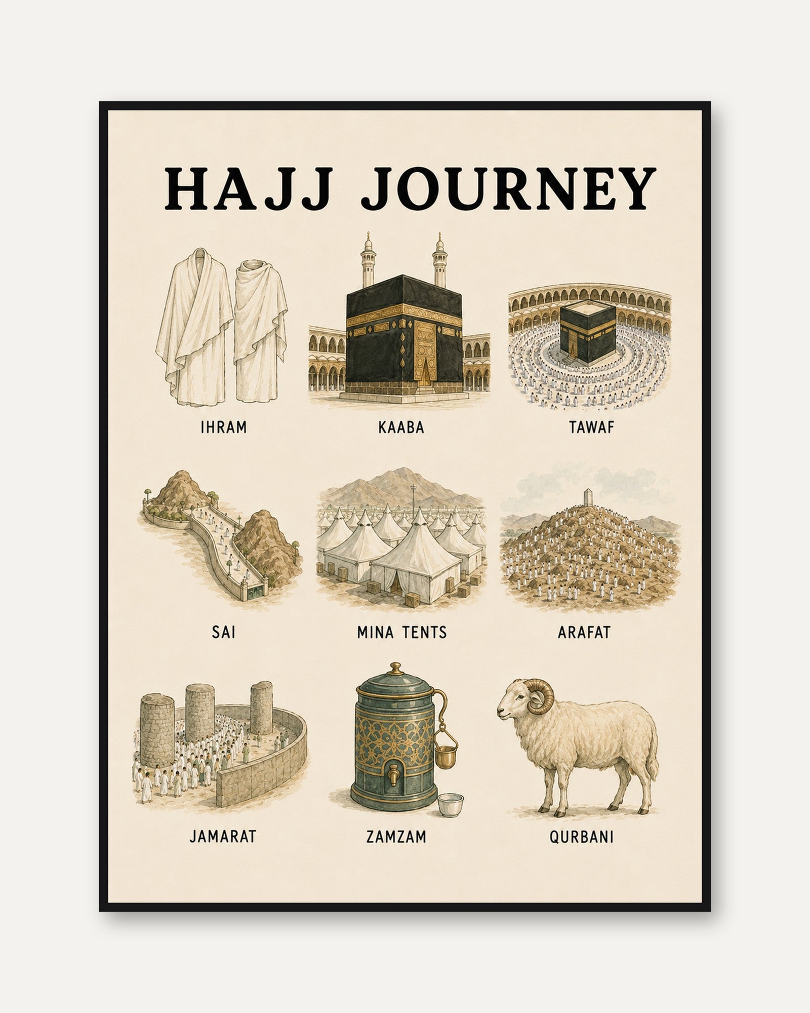 Islamic Wall Art: Hajj Pilgrimage Map - framed