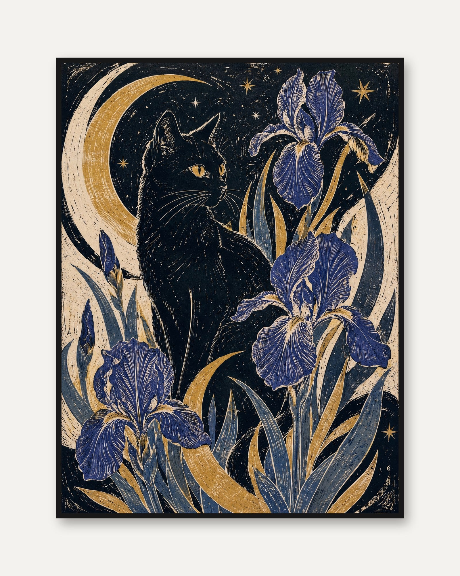 Black Cat and Iris Print — Art Nouveau Moon & Stars - framed
