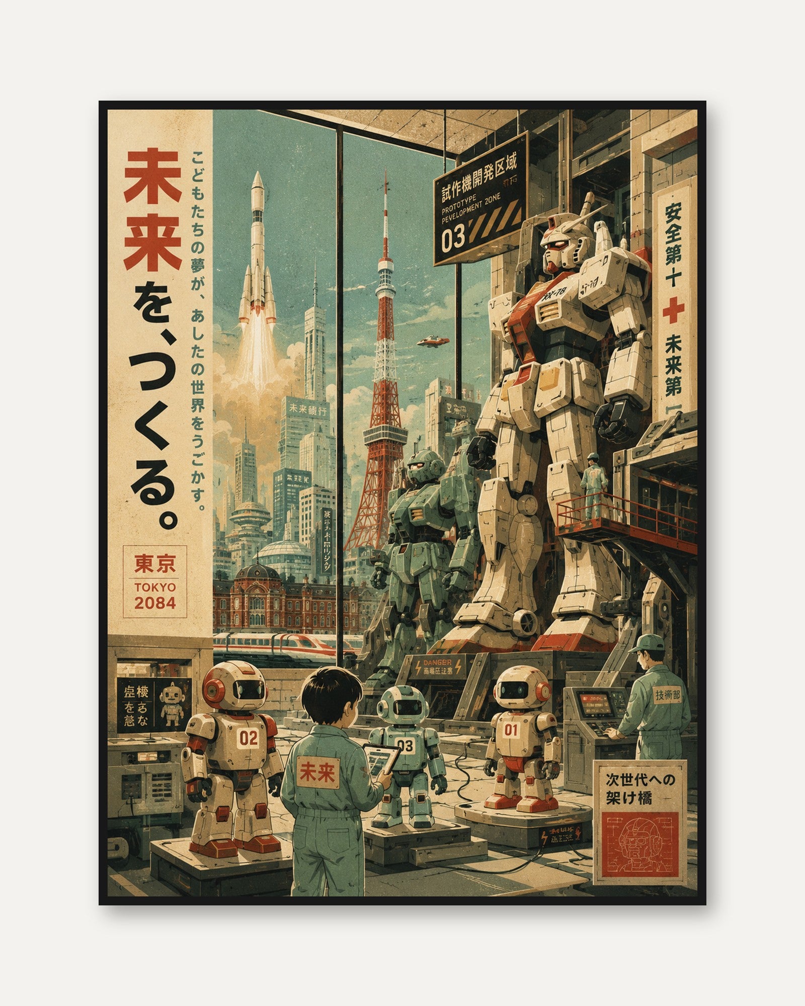 Retro Futuristic Poster – Tokyo Skyline Print - framed