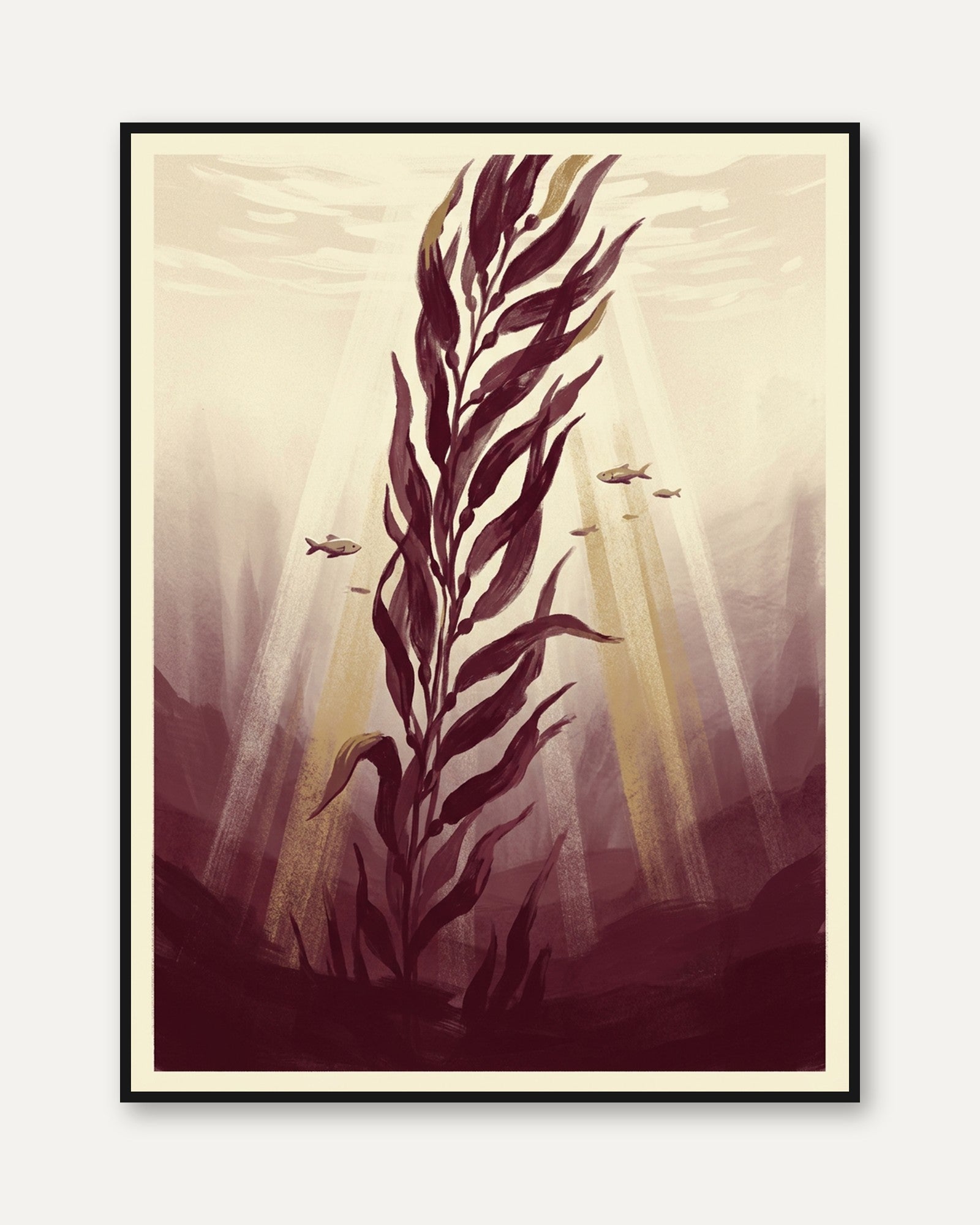 Underwater Kelp Forest Art Print: Burgundy and Cream Marine Scene - framed