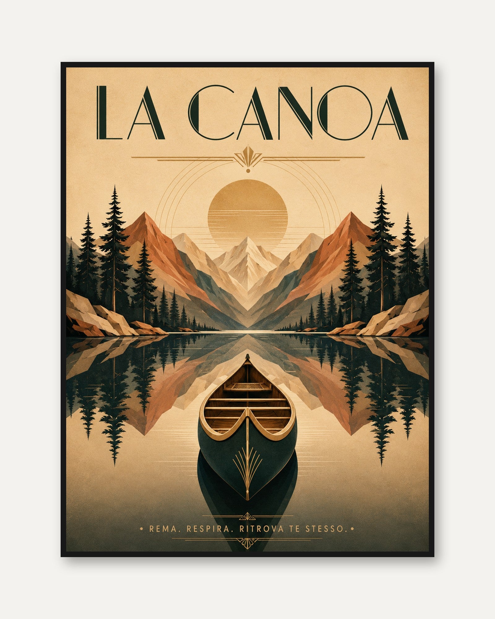 La Canoa Mountain Lake Poster: Art Deco Vintage Travel Design - framed