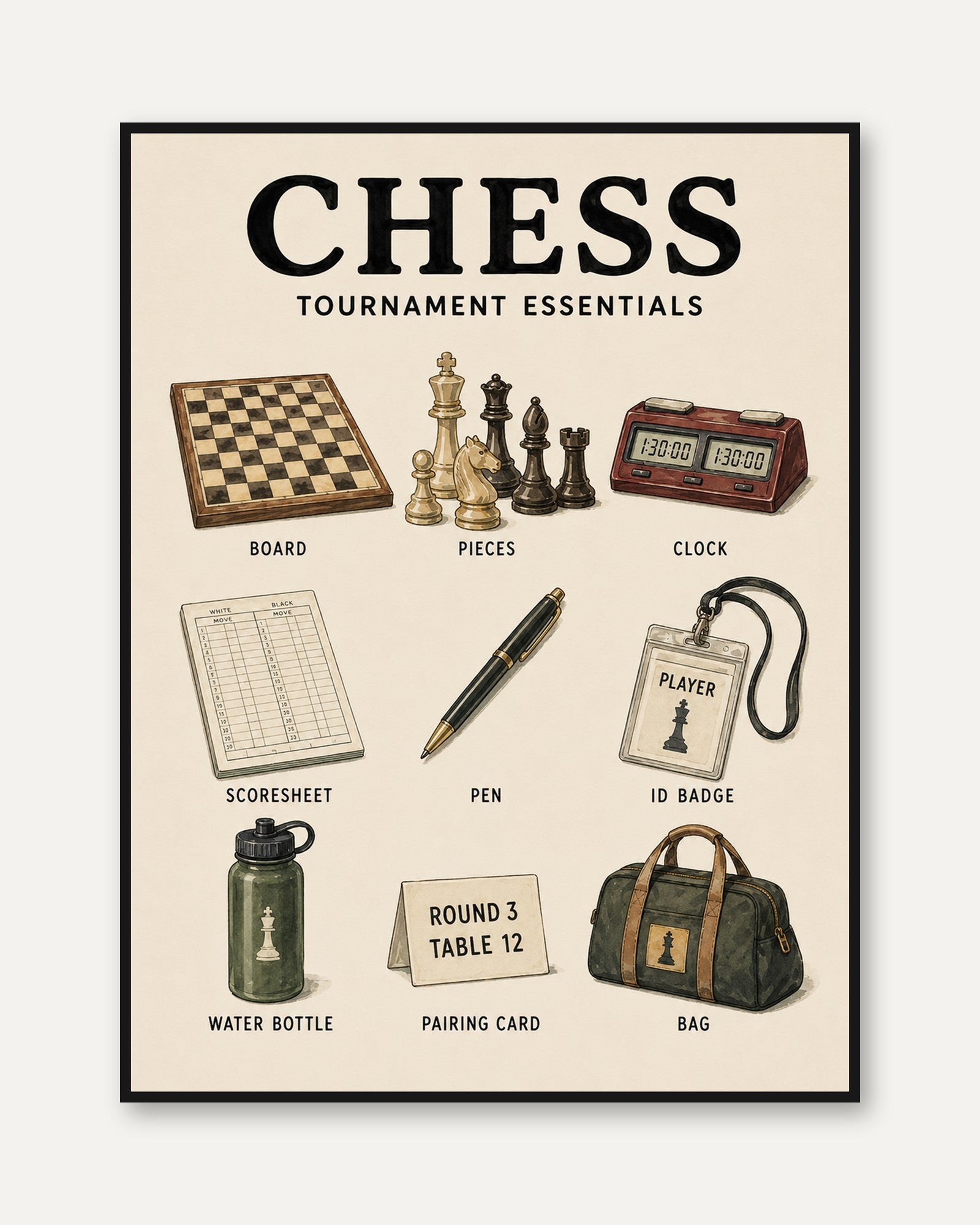 Chess Tournament Print — Illustrated Essentials Guide - framed