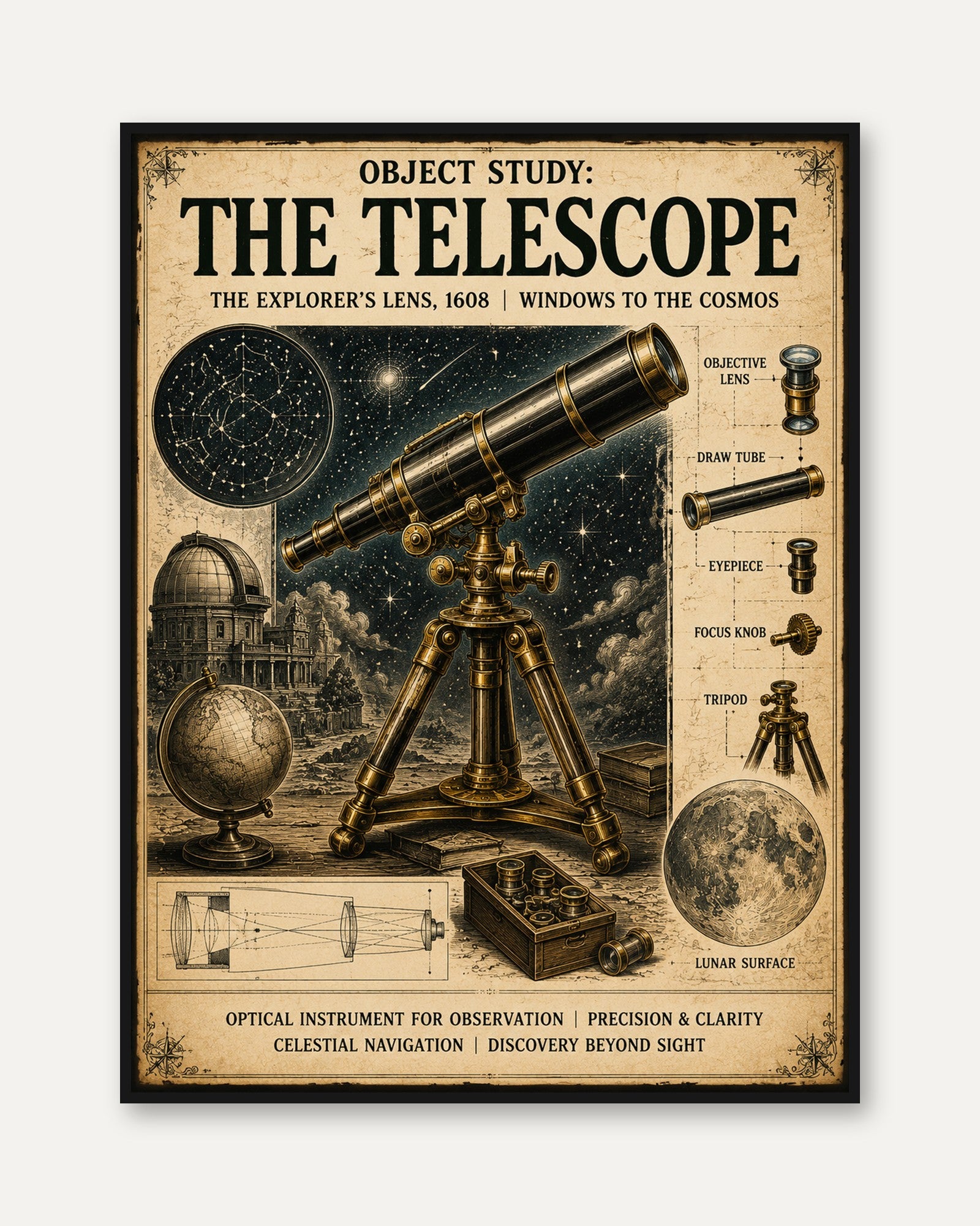 Vintage Telescope Diagram Poster: Scientific Illustration Art - framed