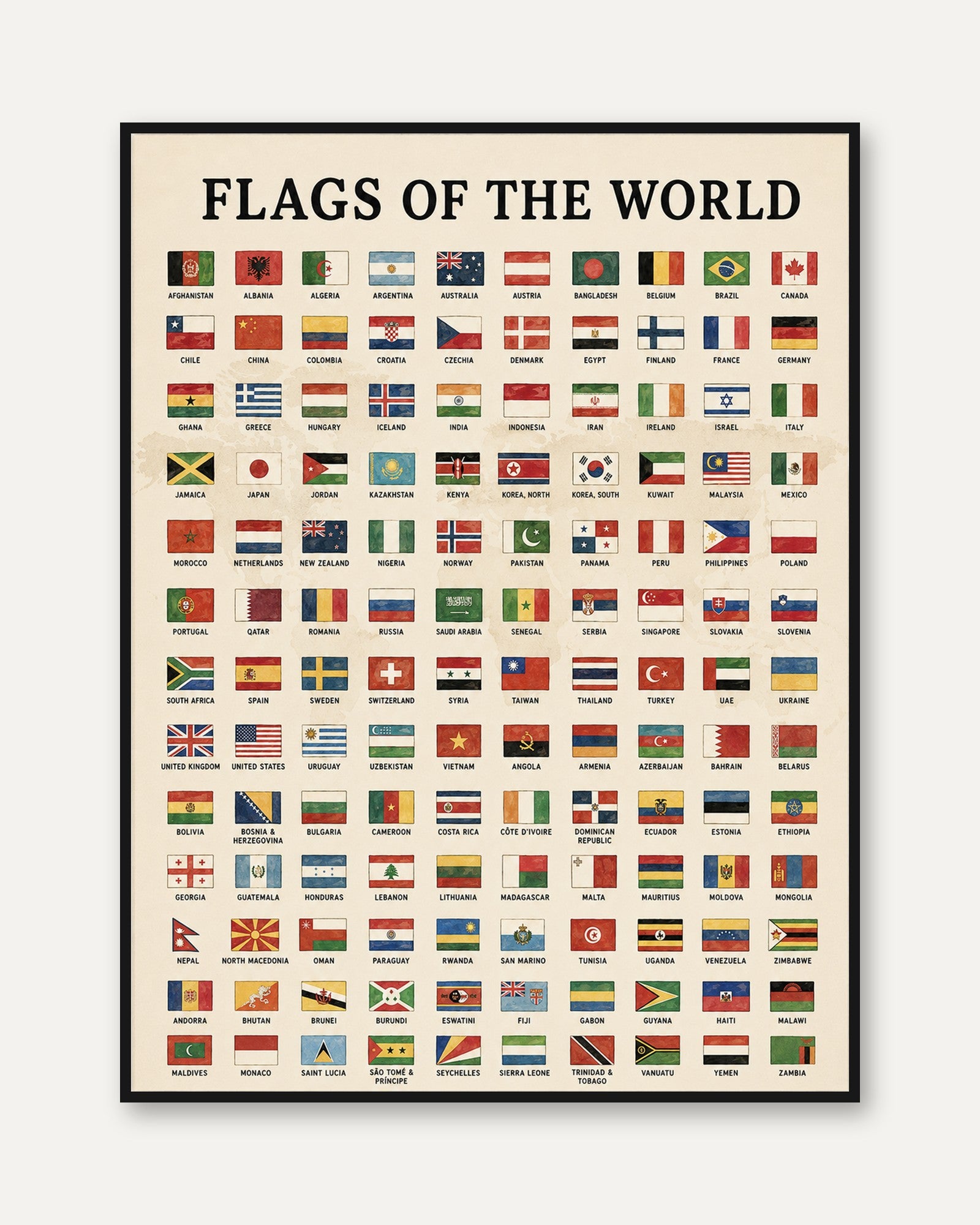Flags of the World Educational Poster: Vintage Reference Chart - framed