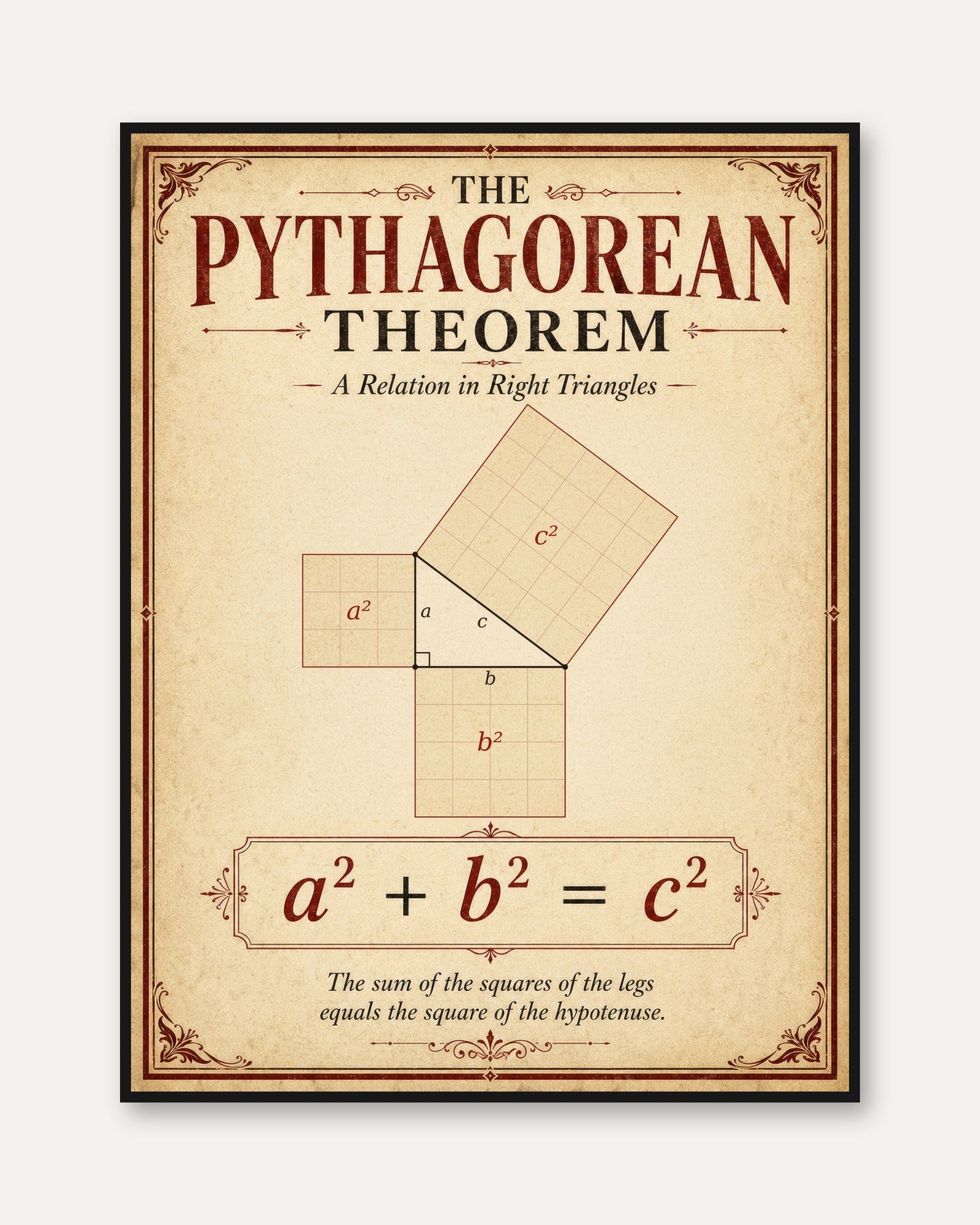 Educational Math Poster: Pythagorean Theorem - framed