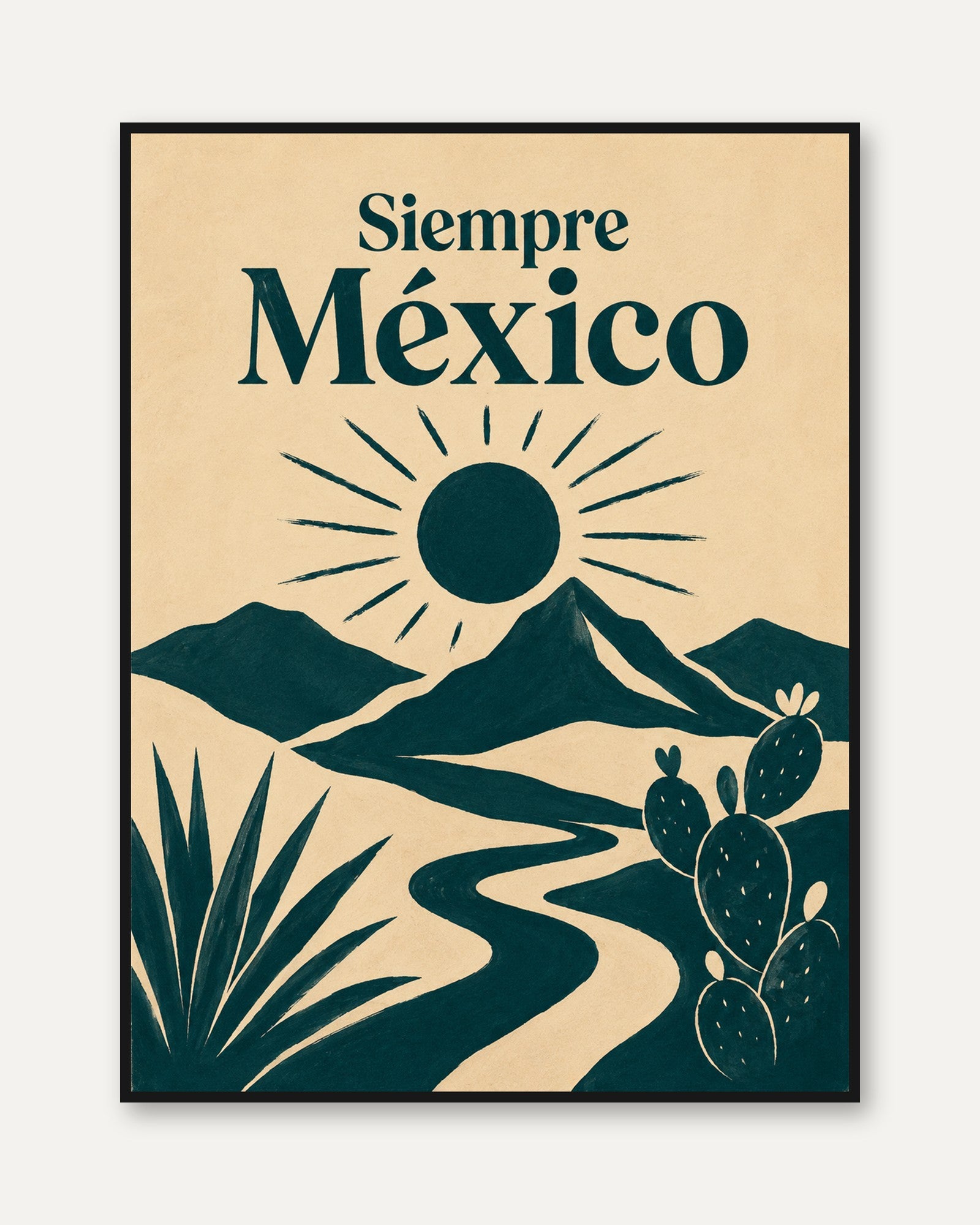 Siempre Mexico Poster: Vintage Desert Landscape with Cactus - framed