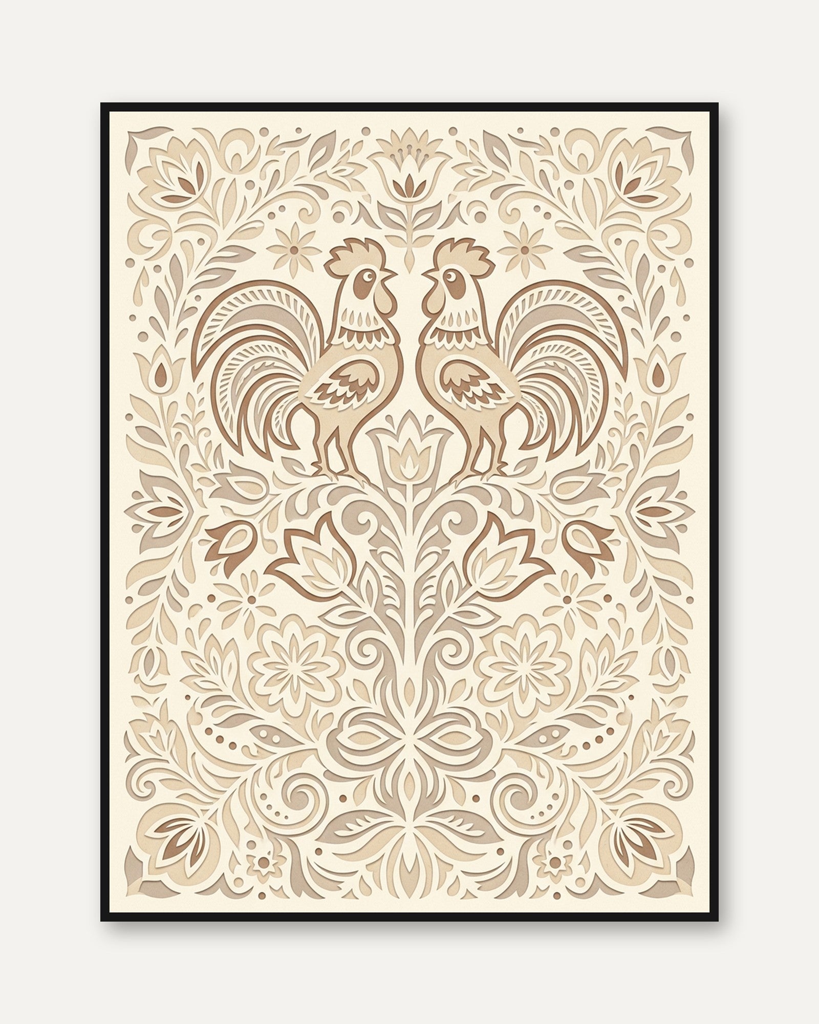 Folk Art Rooster Print — Symmetrical Floral Motif - framed