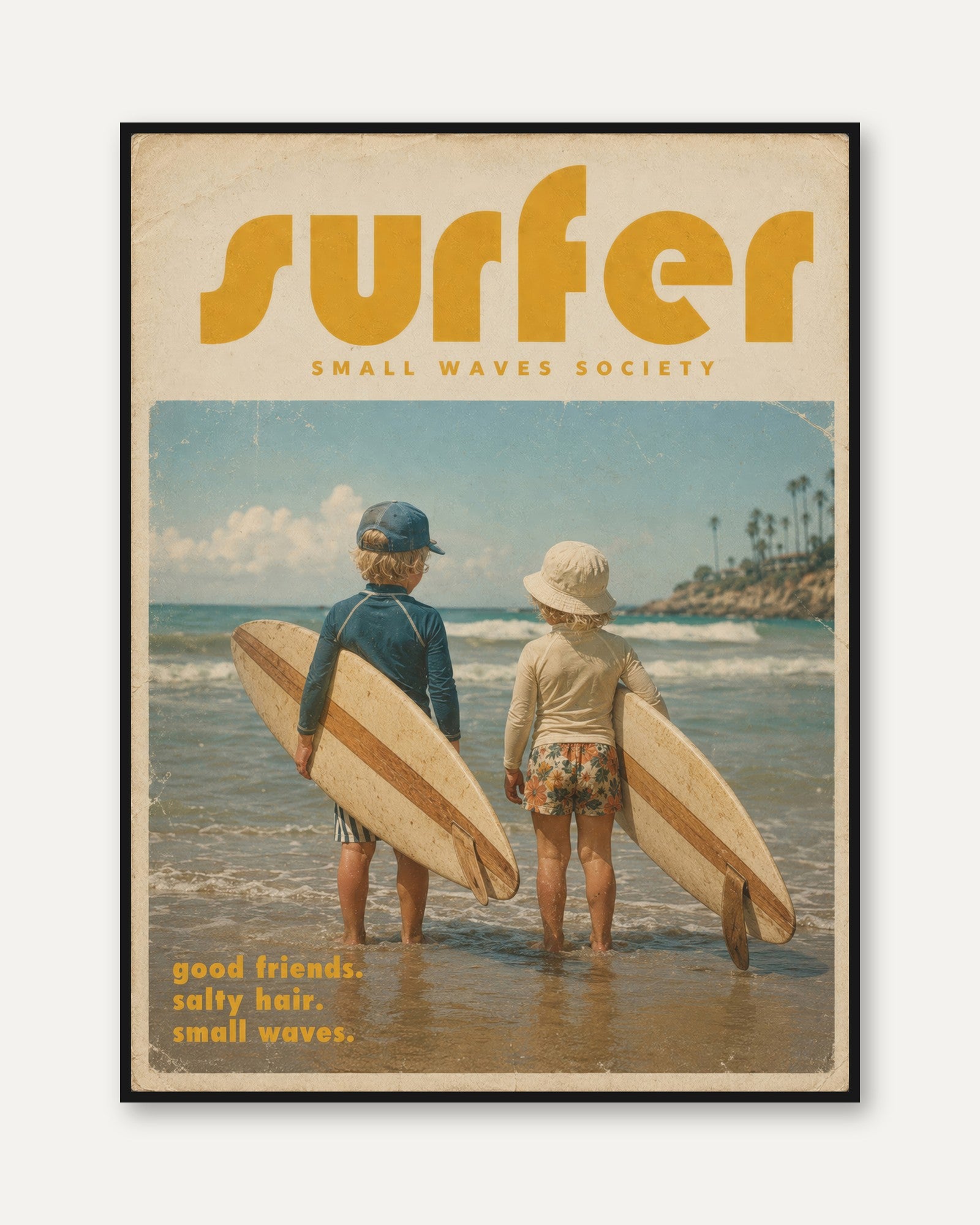 Vintage Surf Poster Print — Retro Kids Surfing Art - framed