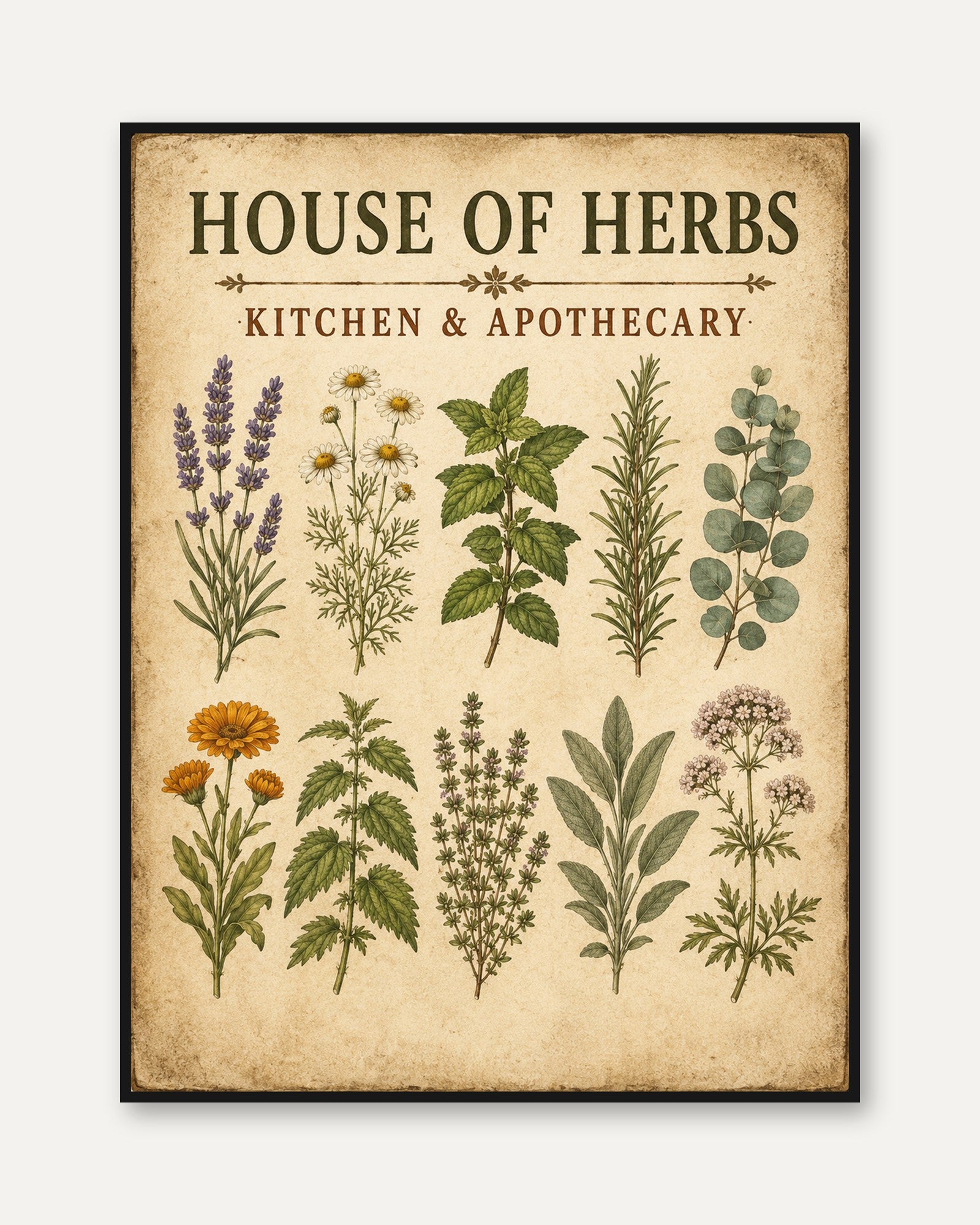 House of Herbs Print: Vintage Botanical Wall Art (Kitchen & Dining) - framed