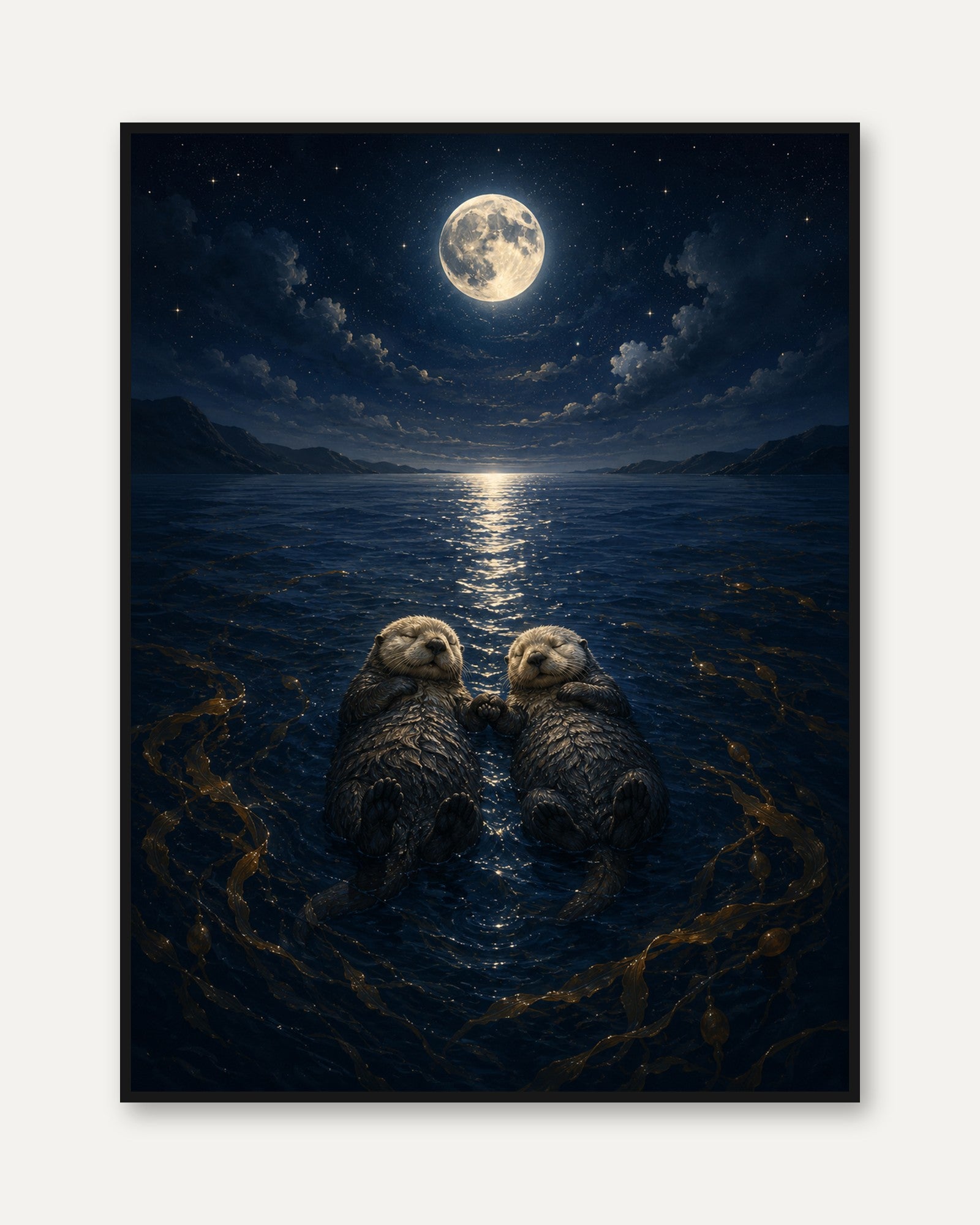 Sea Otters Full Moon Print – Romantic Night Ocean - framed