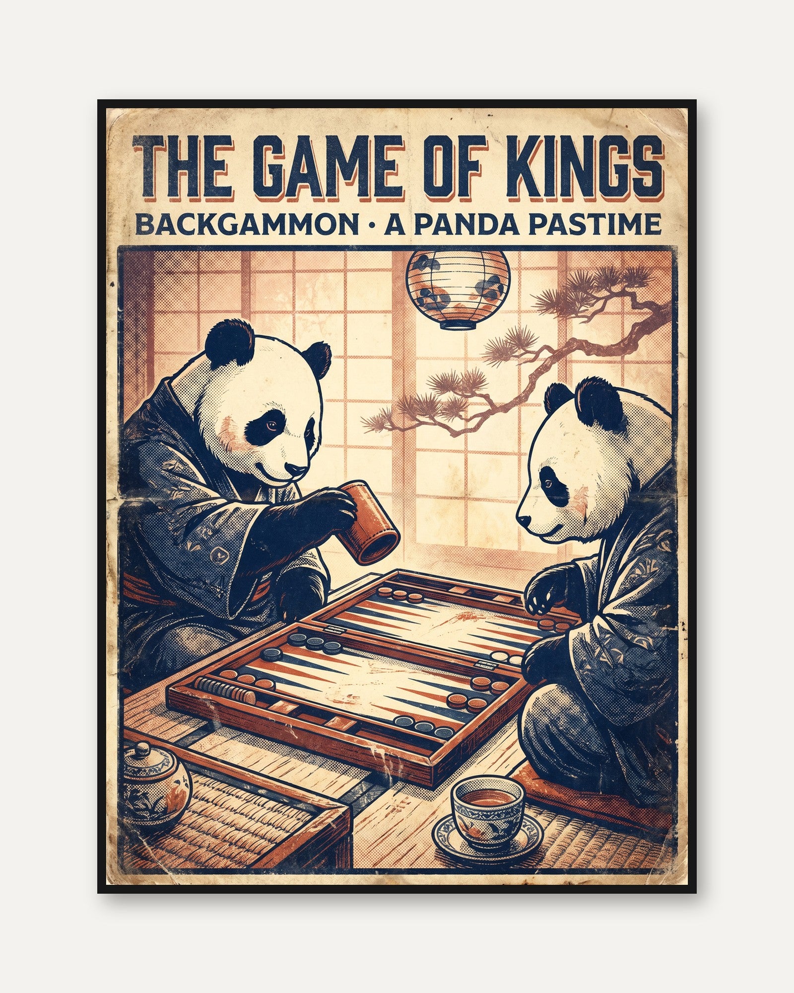 Backgammon Panda Print — Vintage Japanese Style Game Room Art - framed