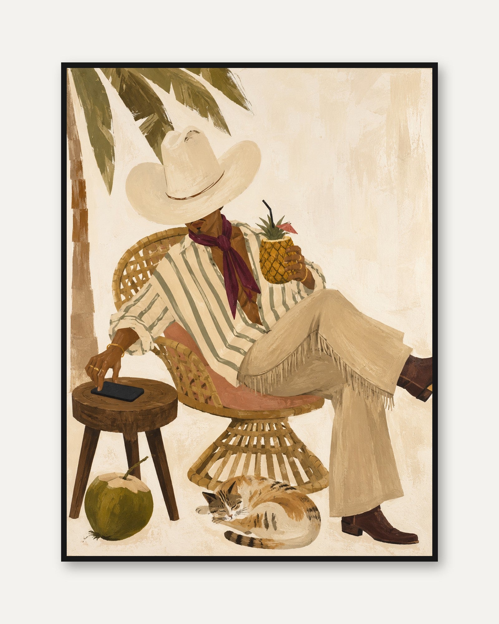 Tropical Leisure Wall Art: Figure With Pineapple In Rattan Chair - framed
