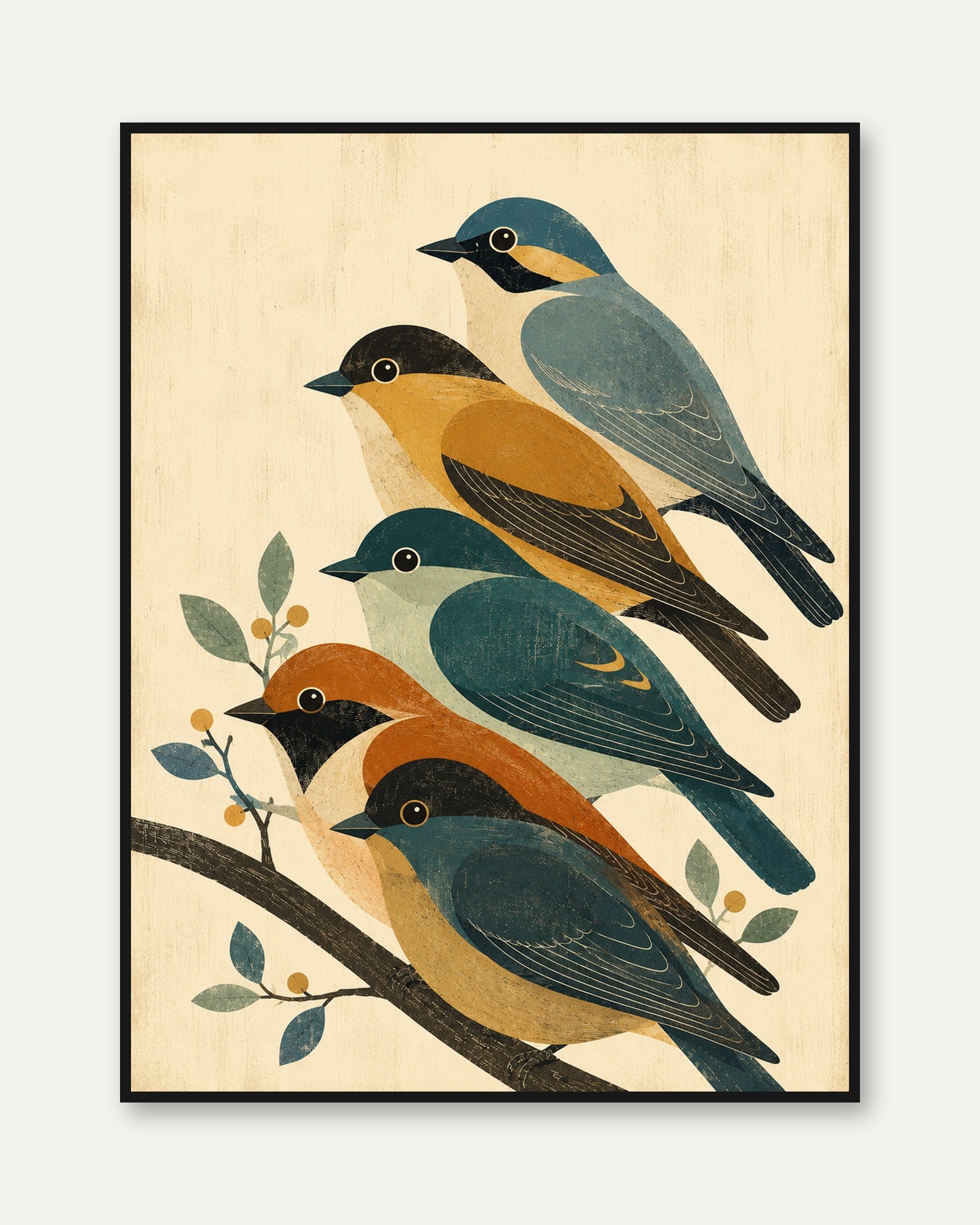 Vintage Bird Illustration Print — Folk Art Style - framed
