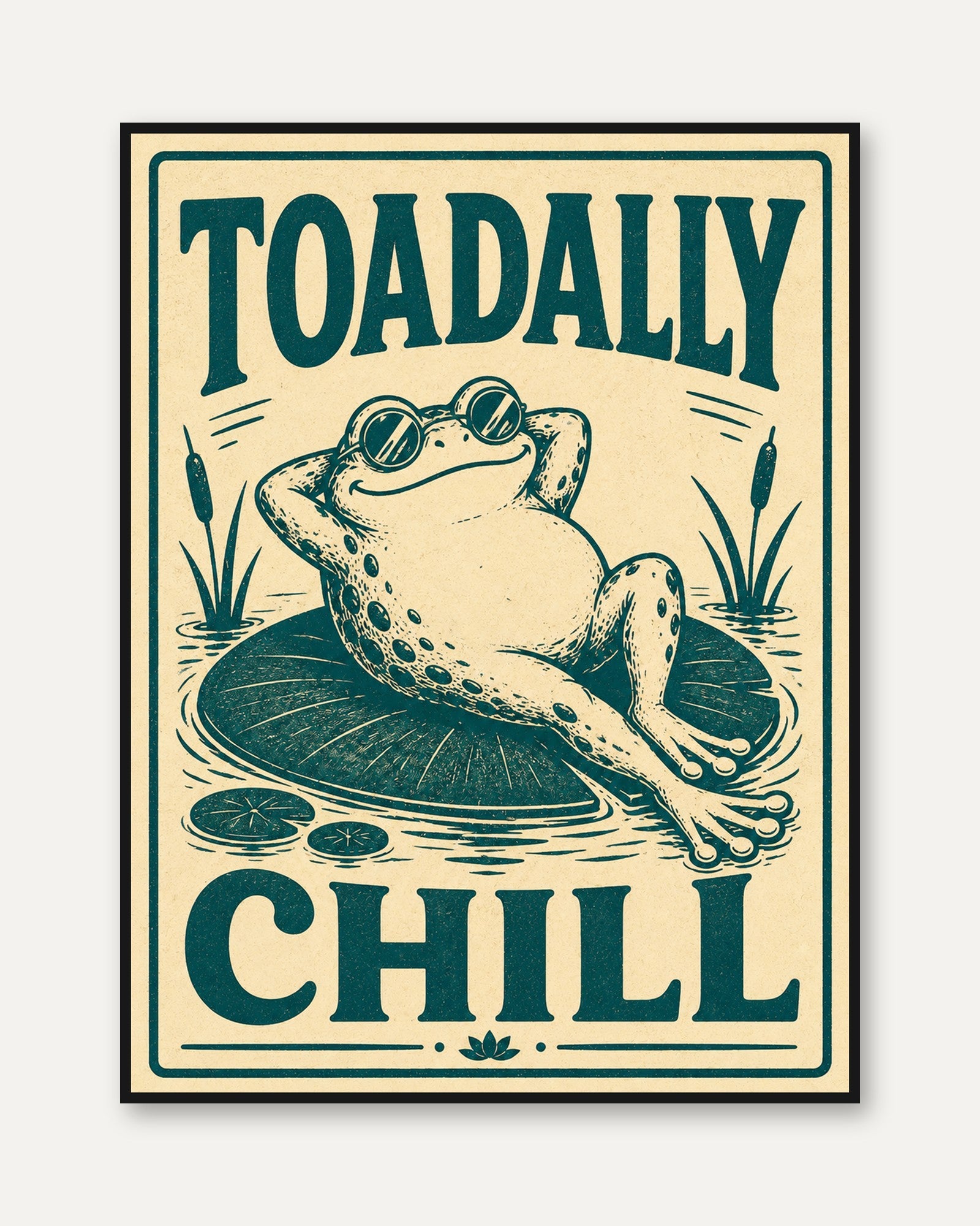 Frog Illustration Print: Vintage Retro Style (Teal and Cream) - framed