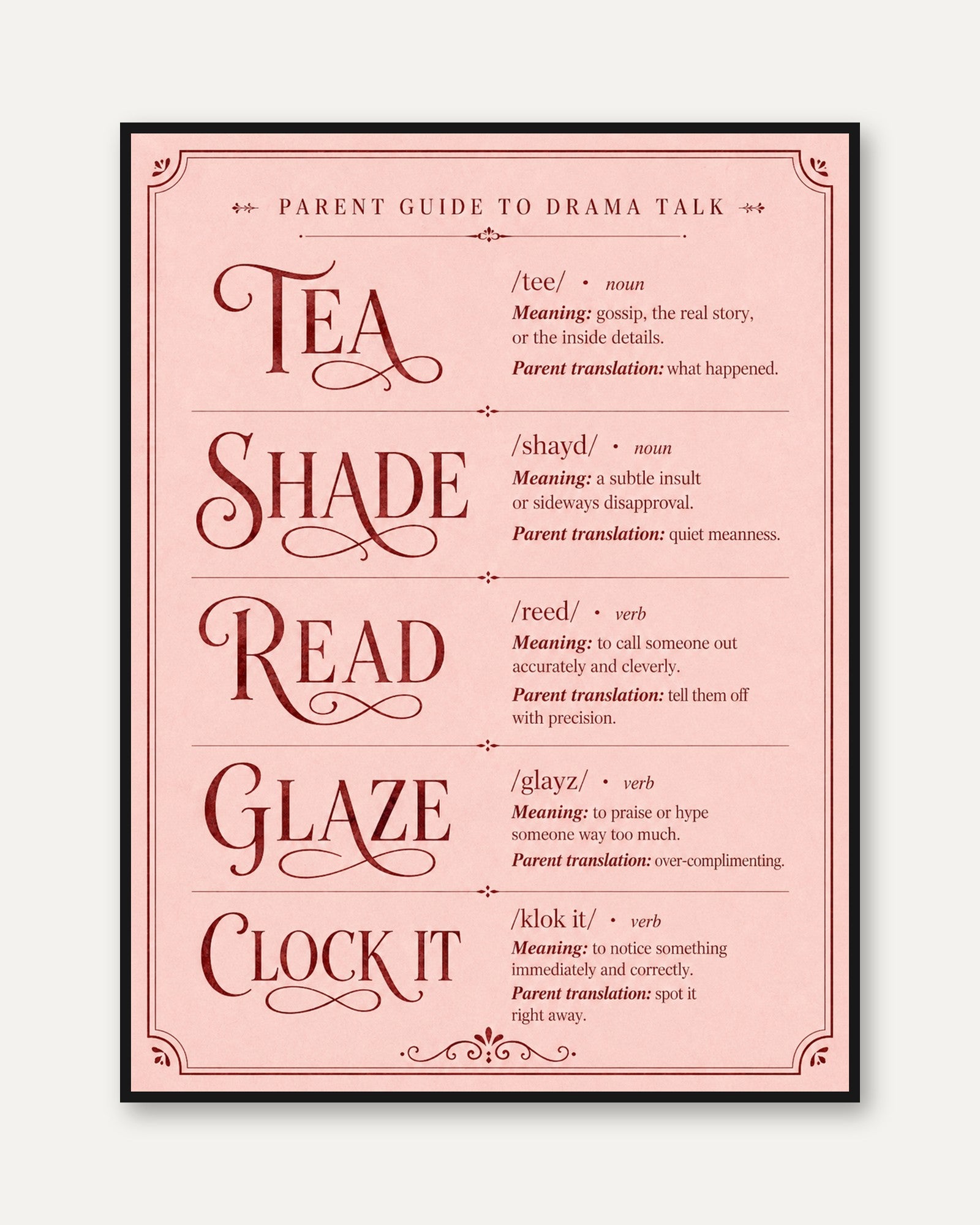 Parent Humor Wall Art – Gen Z Slang Dictionary - framed