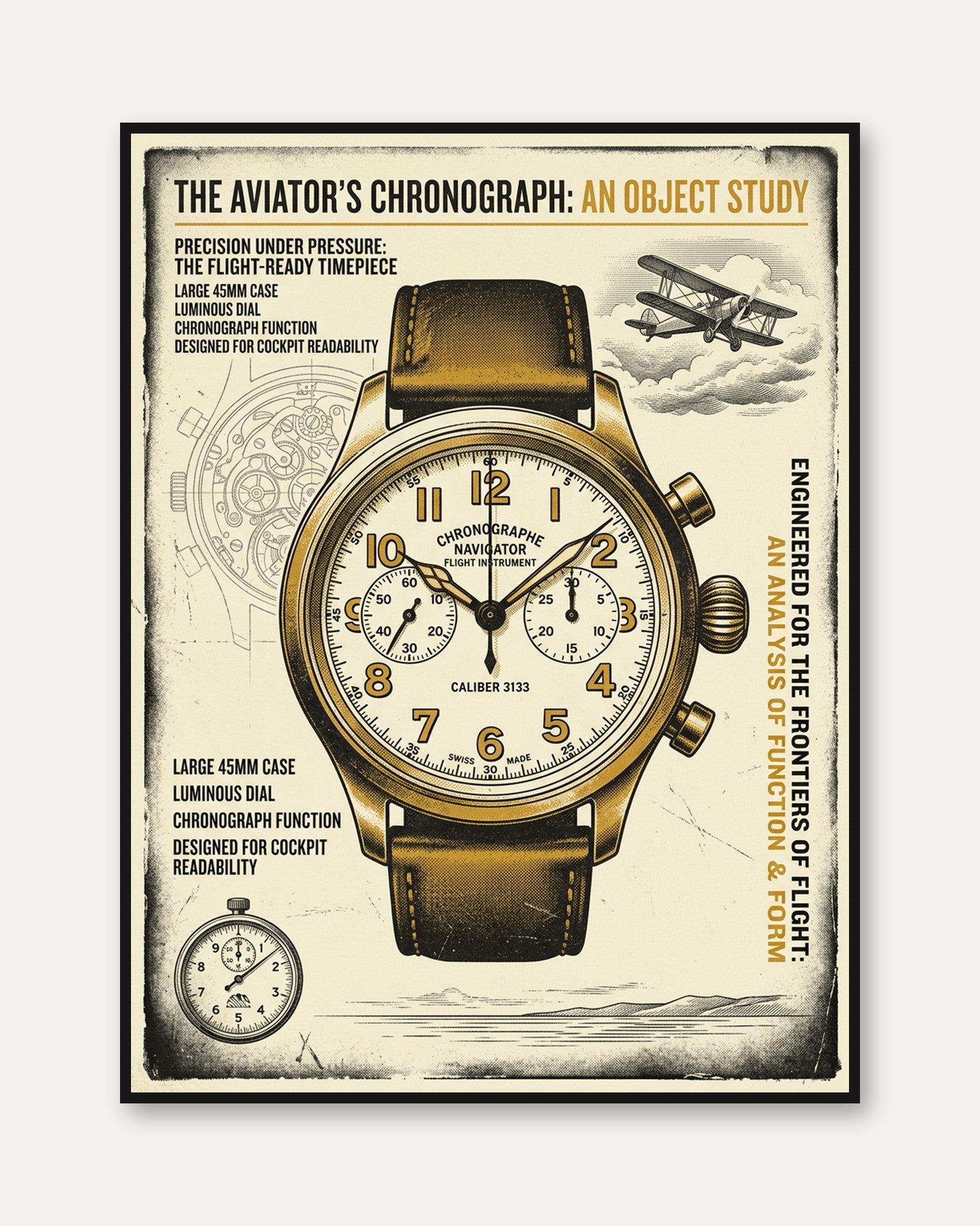 Vintage Aviator Chronograph Poster: Retro Aviation Watch Art - framed